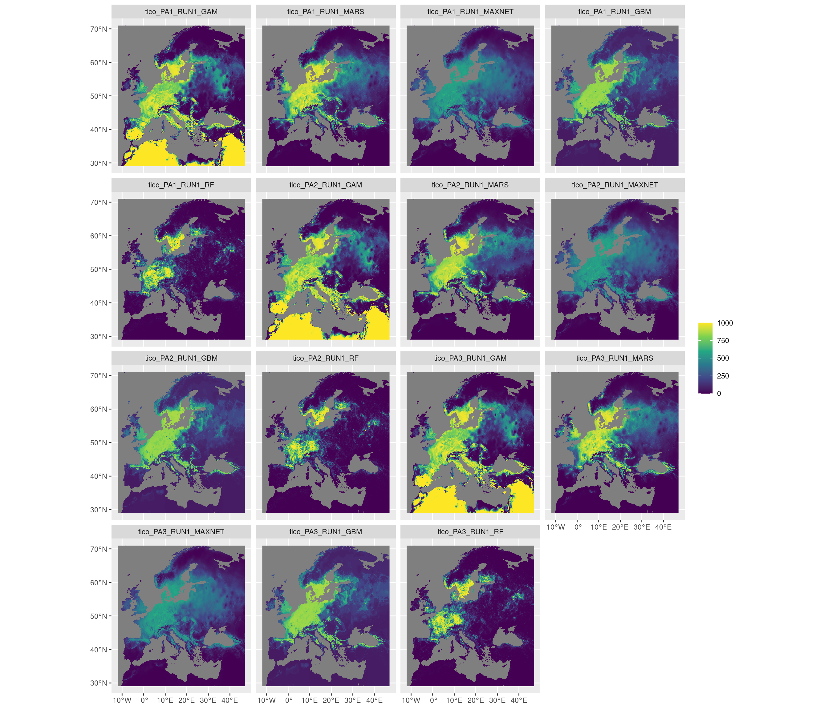 Projection de la distribution potentielle contemporaine sur l'Europe, selon les 6 algorithmes et les 3 runs.