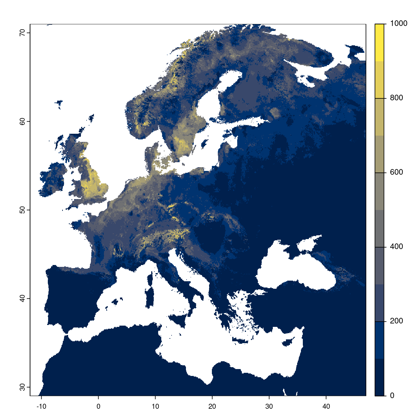 Projection des distributions potentielles futures jusqu'à l'horizon 2100 sous le scénario SSP2-4.5 (modèle d'ensemble).