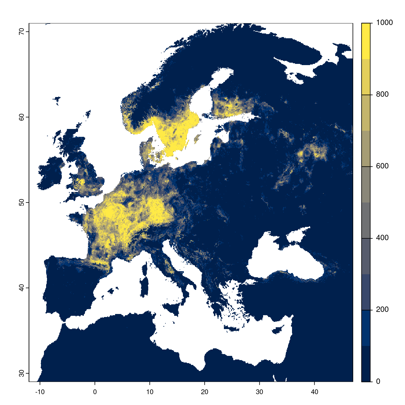 Projection des distributions potentielles futures jusqu'à l'horizon 2100 sous le scénario SSP3-7.0 (modèle d'ensemble).