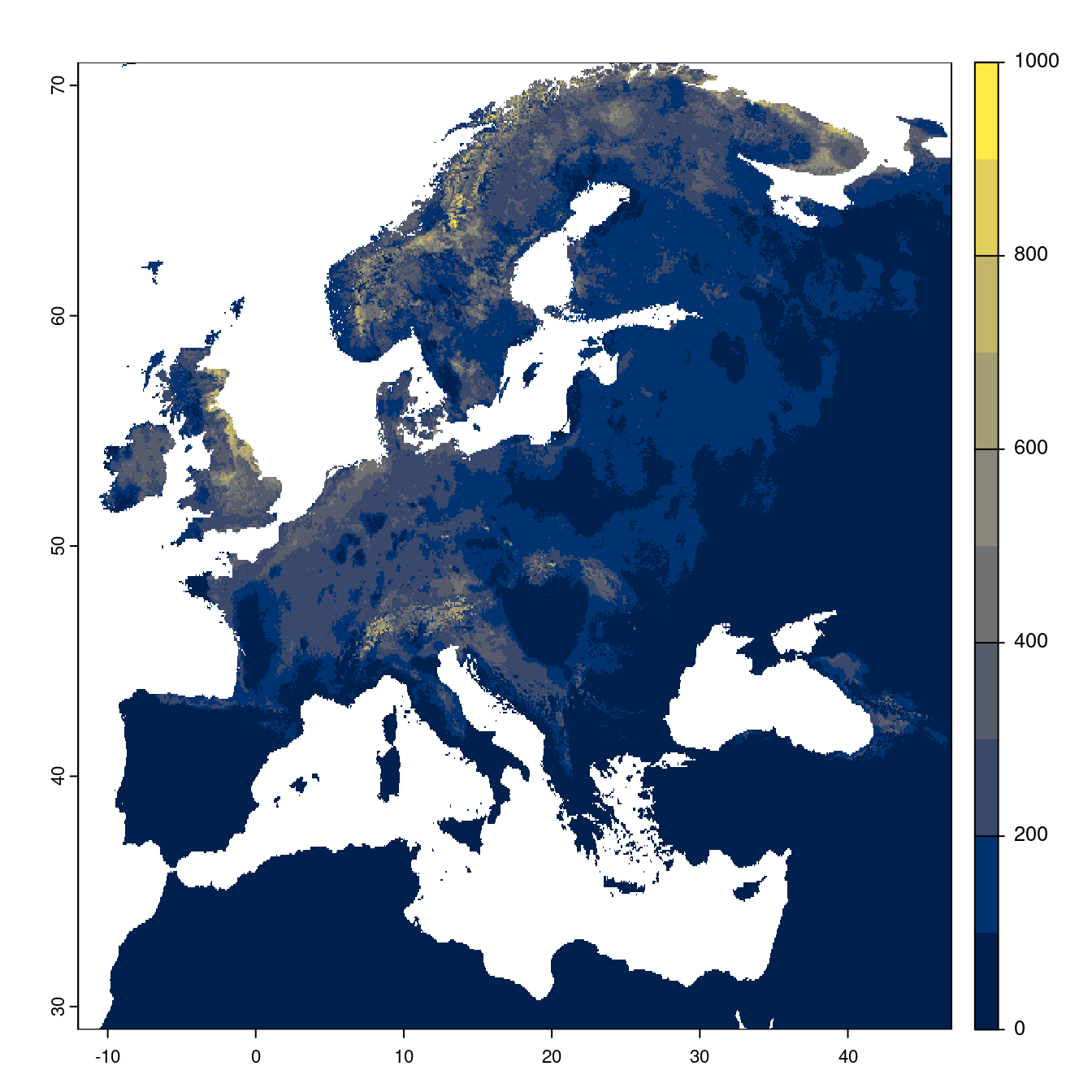 Projection des distributions potentielles futures jusqu'à l'horizon 2100 sous le scénario SSP3-7.0 (modèle d'ensemble).