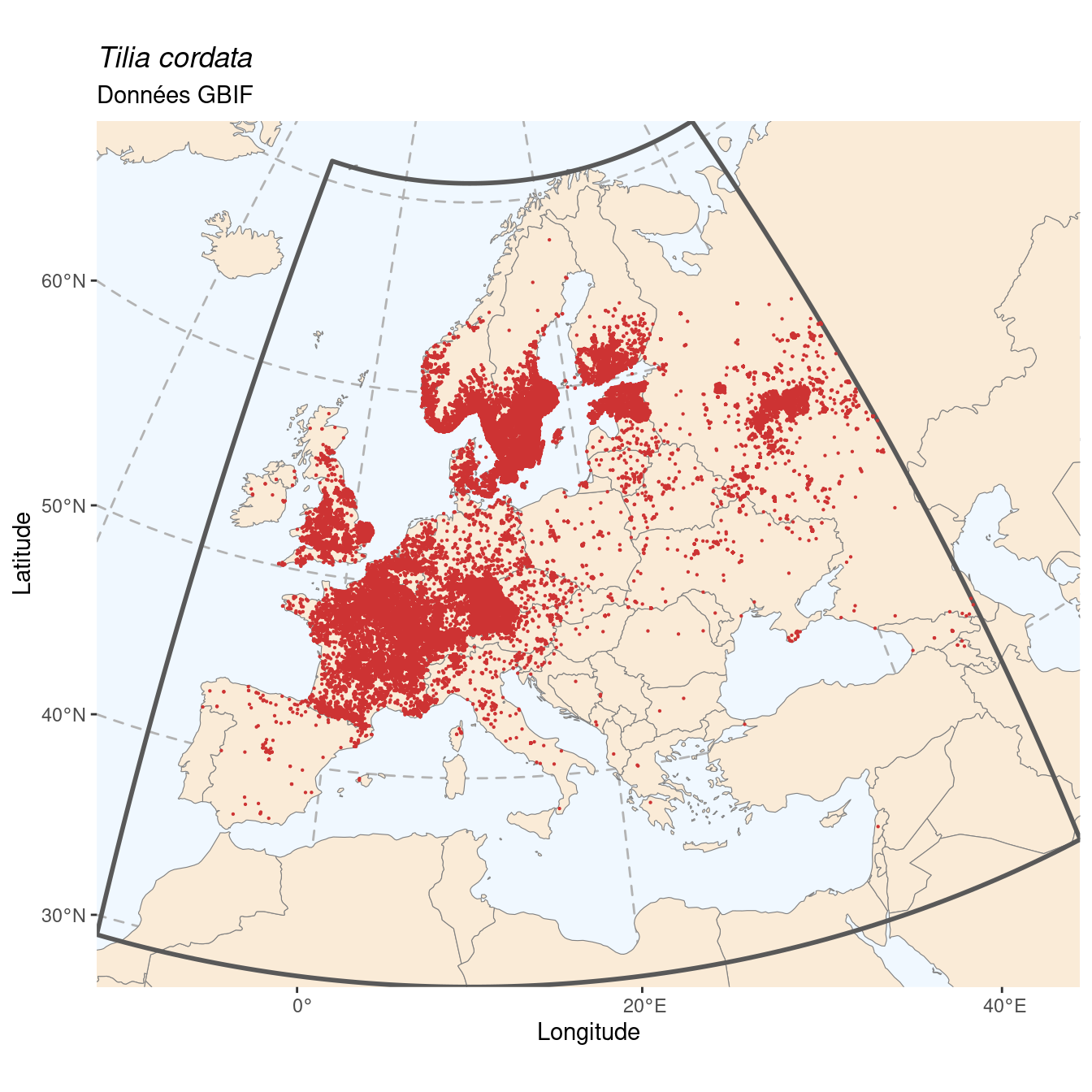 Occurrence de Tilia cordata dans la région d'endémisme.