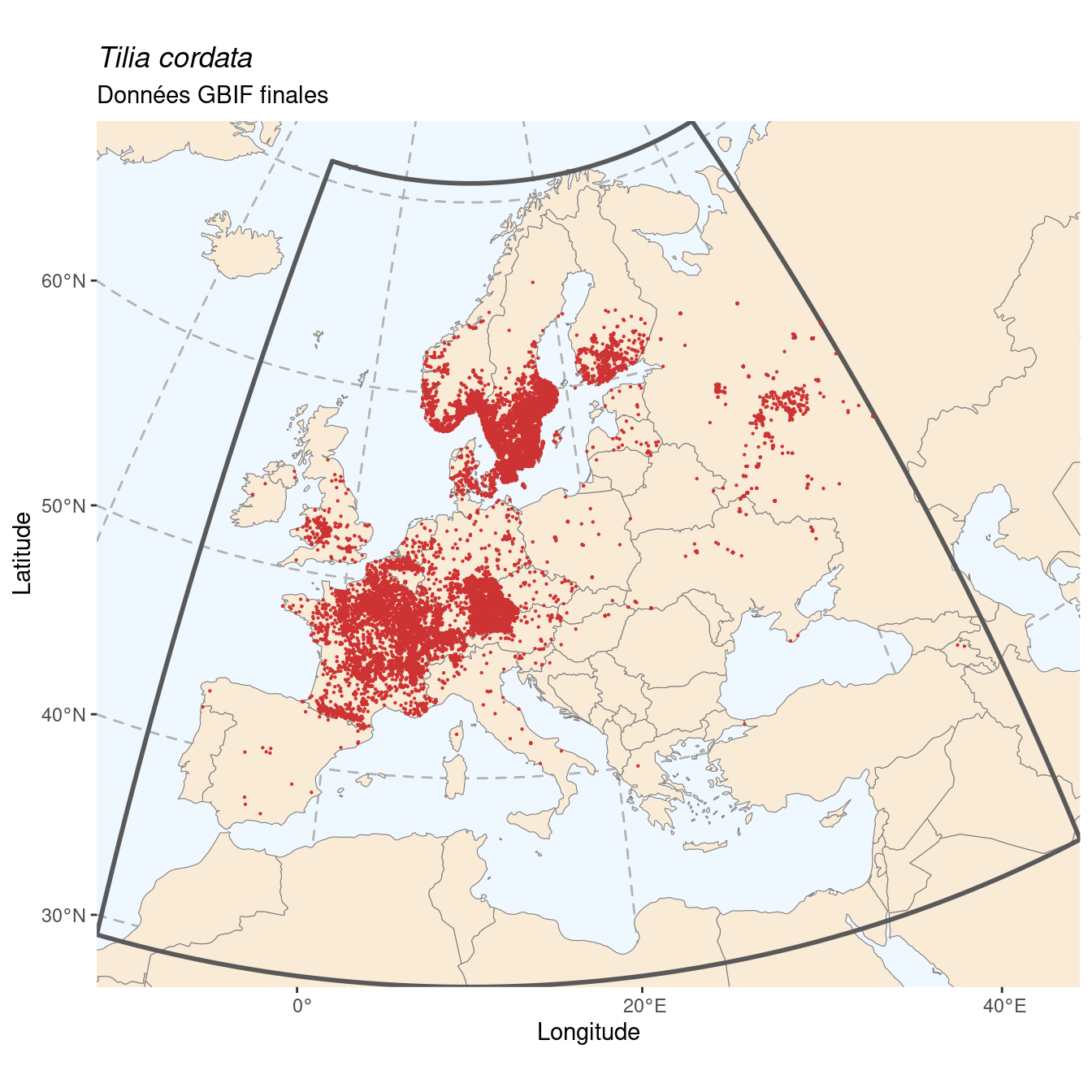 Occurrence de Tilia cordata dans la région d'endémisme après sous-échantillonnage éventuel.