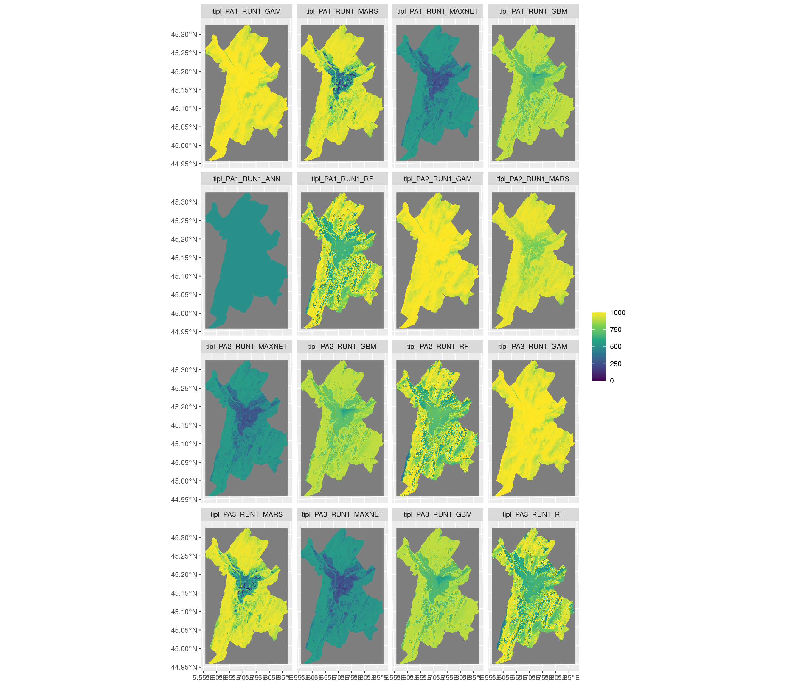 Projection de la distribution potentielle contemporaine sur la métropole de Grenoble, selon les 6 algorithmes et les 3 runs.