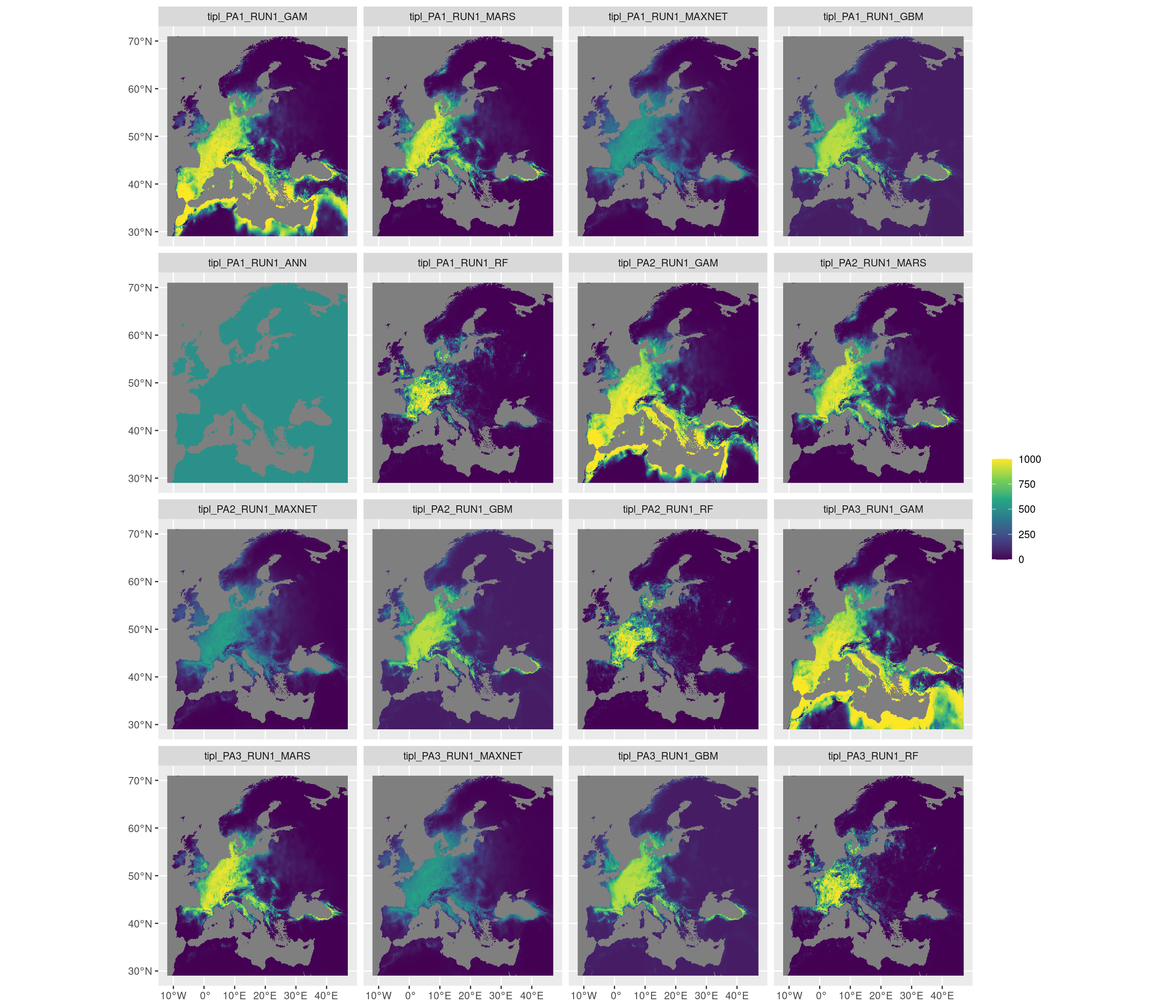 Projection de la distribution potentielle contemporaine sur l'Europe, selon les 6 algorithmes et les 3 runs.