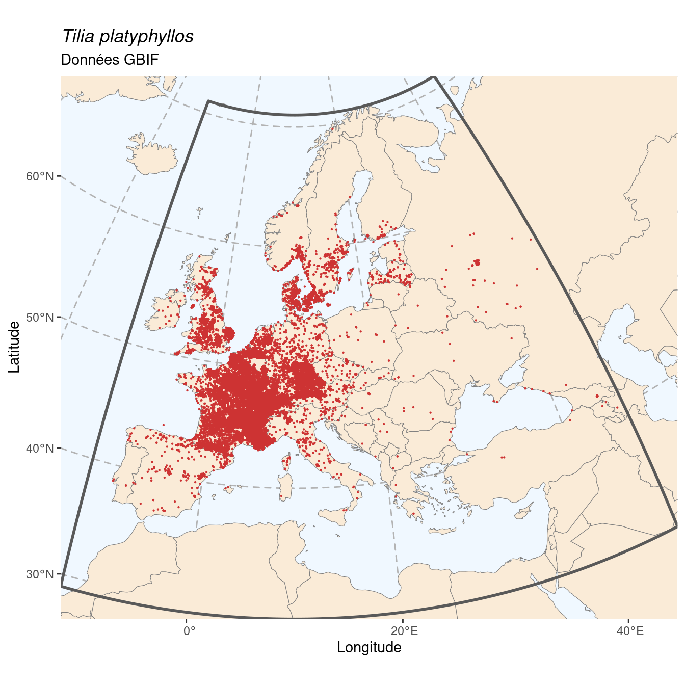 Occurrence de Tilia platyphyllos dans la région d'endémisme.