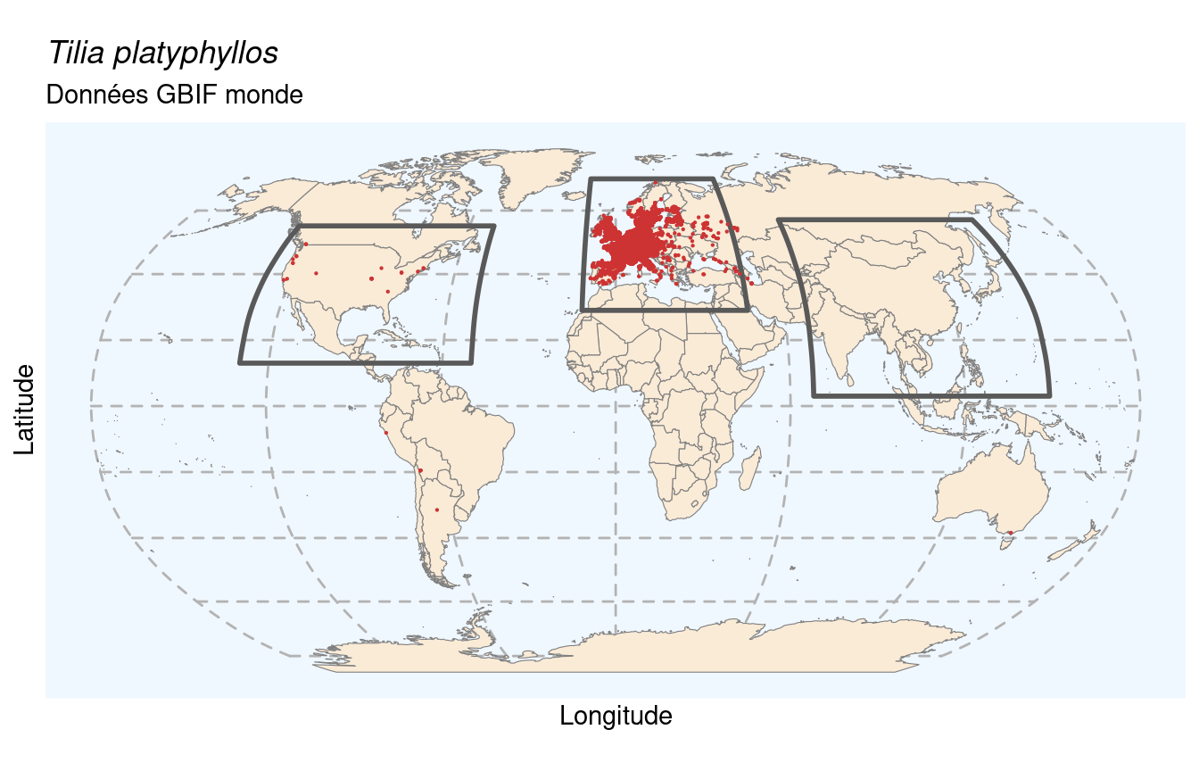Occurrences de Tilia platyphyllos dans le monde.