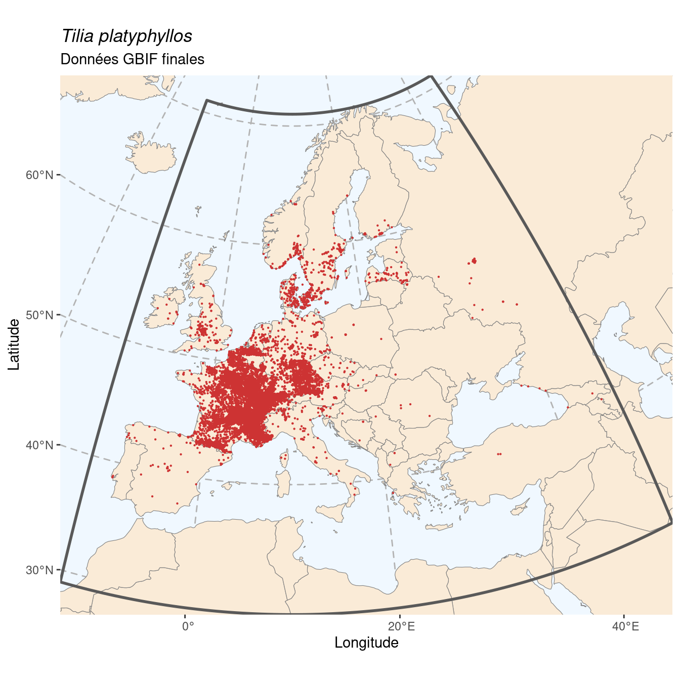 Occurrence de Tilia platyphyllos dans la région d'endémisme après sous-échantillonnage éventuel.