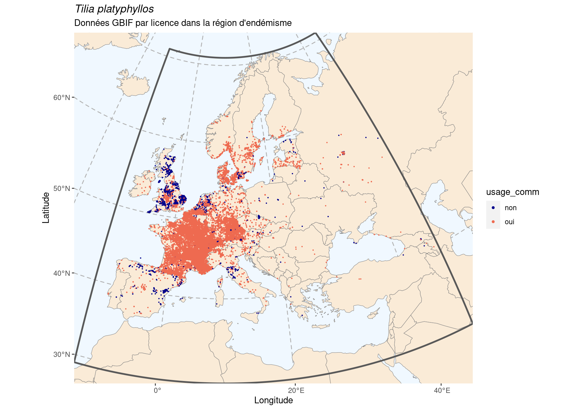 Occurrence de Tilia platyphyllos dans la région d'endémisme, selon la licence : CC BY-NC en bleu ; CC0 et CC BY en orange.