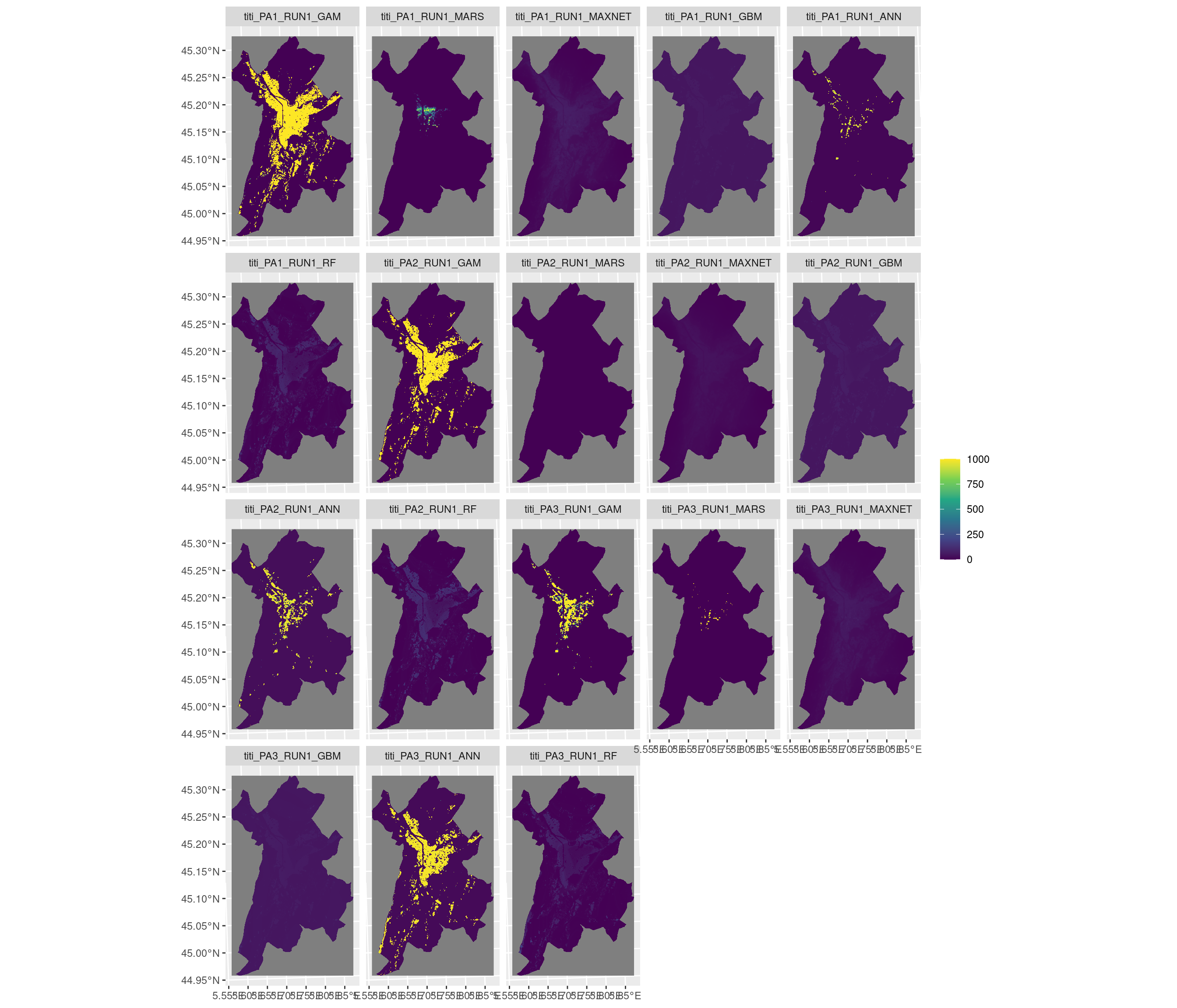 Projection de la distribution potentielle contemporaine sur la métropole de Grenoble, selon les 6 algorithmes et les 3 runs.