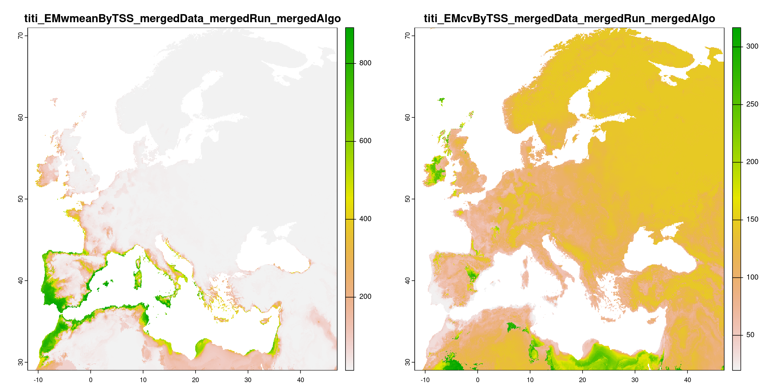 A) Projection de la distribution potentielle contemporaine (modèle d'ensemble) ; B) Incertitude associée à la projection.