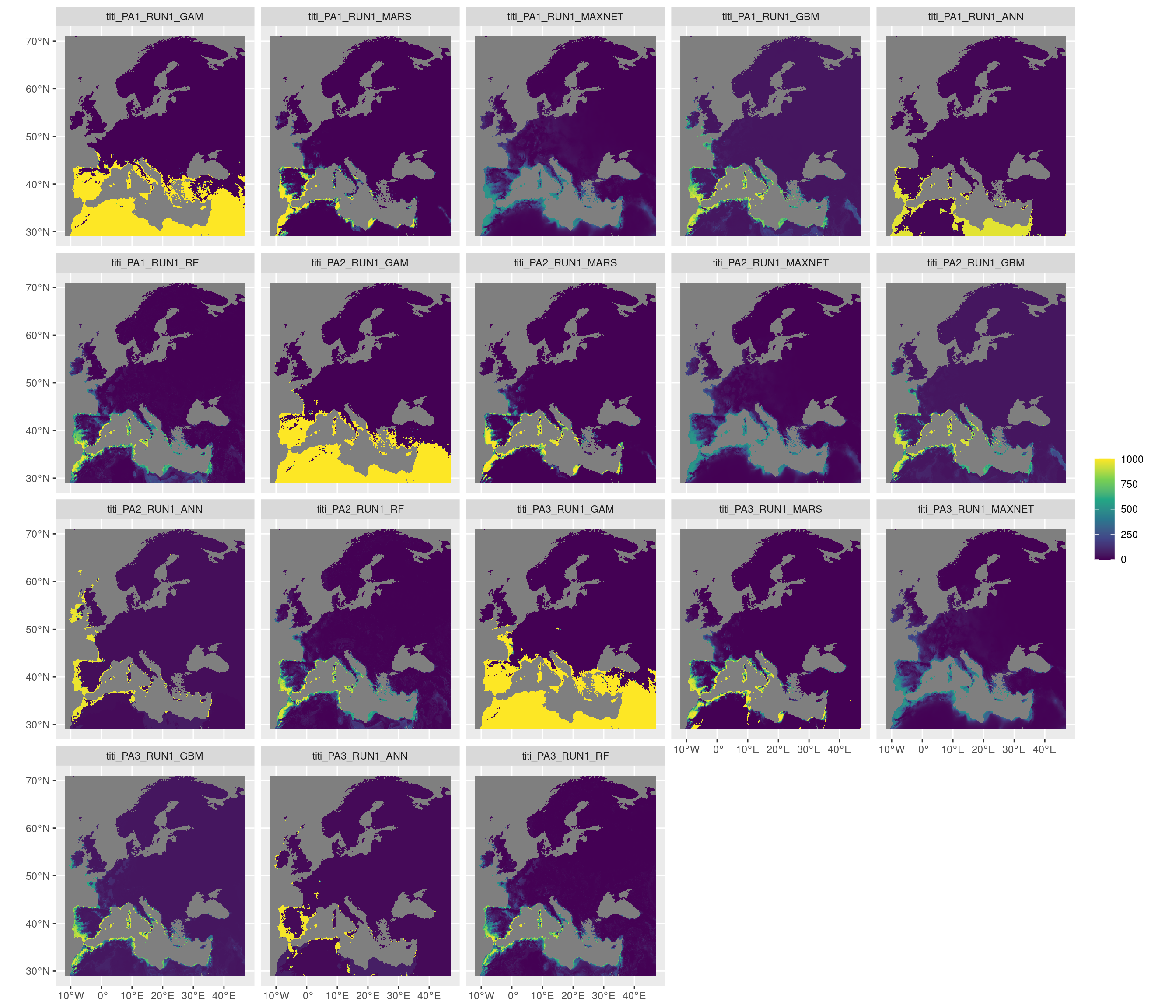 Projection de la distribution potentielle contemporaine sur l'Europe, selon les 6 algorithmes et les 3 runs.