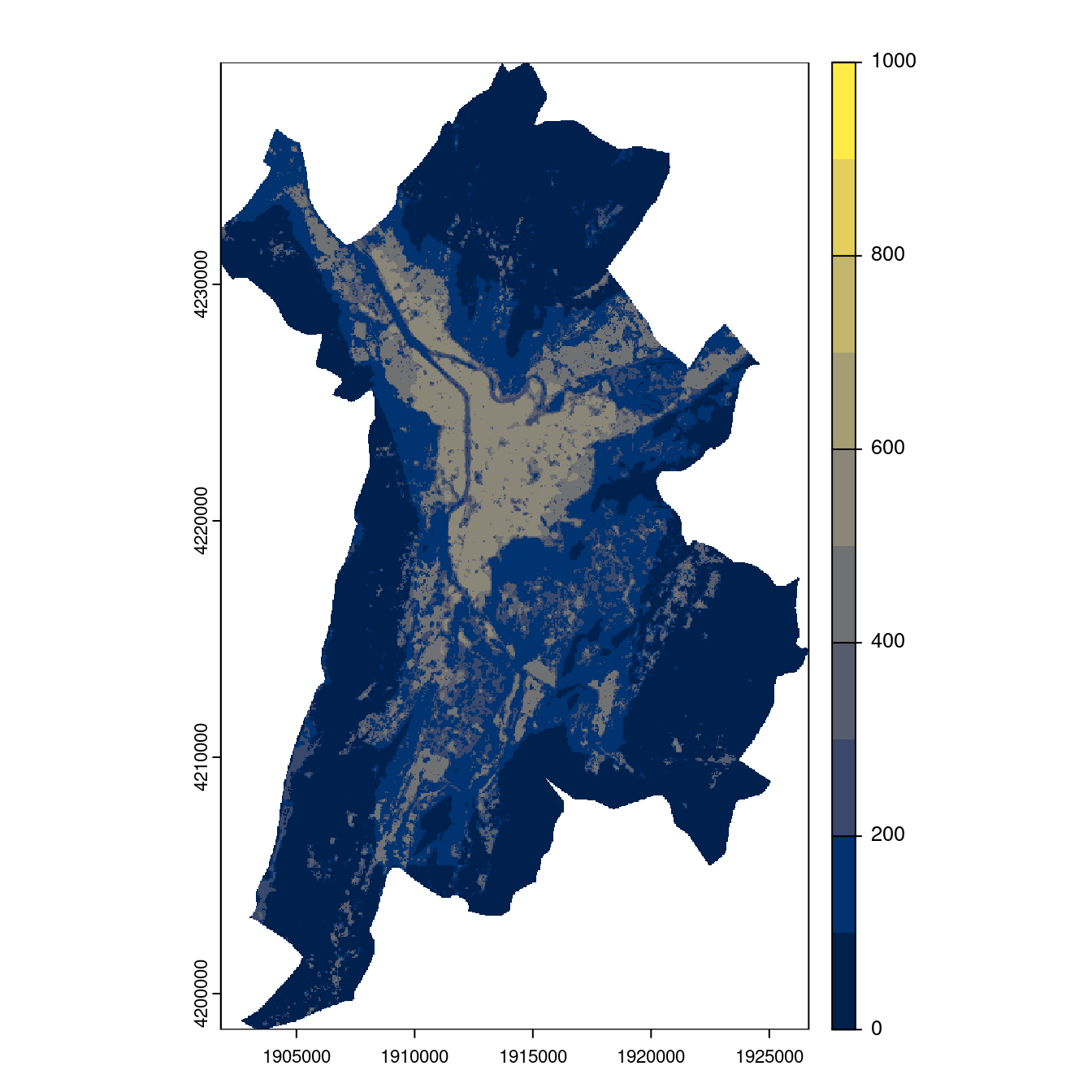 Projection des distributions potentielles contemporaine et futures jusqu'à l'horizon 2100 sous le scénario SSP5-8.5 (modèle d'ensemble, GCM IPSL).