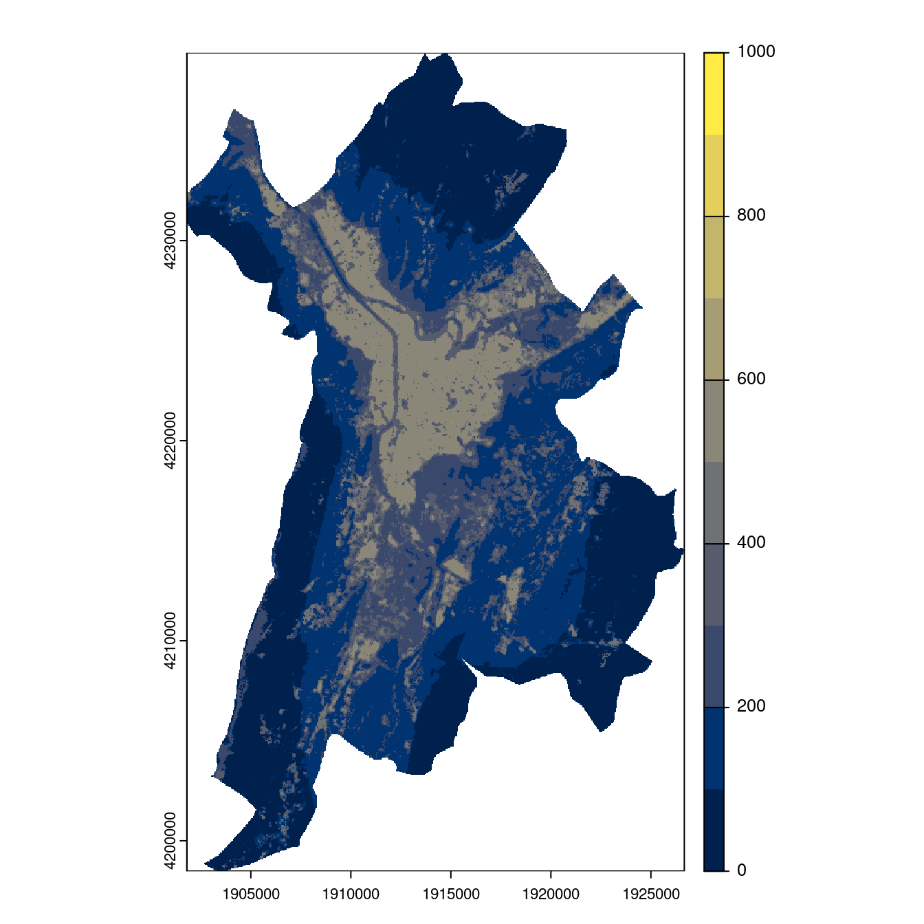 Projection des distributions potentielles contemporaine et futures jusqu'à l'horizon 2100 sous le scénario SSP5-8.5 (modèle d'ensemble, GCM IPSL).