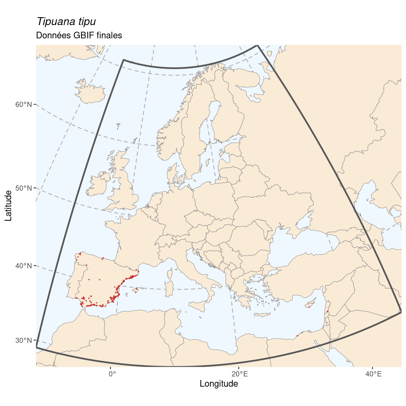 Occurrence de Tipuana tipu dans la région d'endémisme après sous-échantillonnage éventuel.