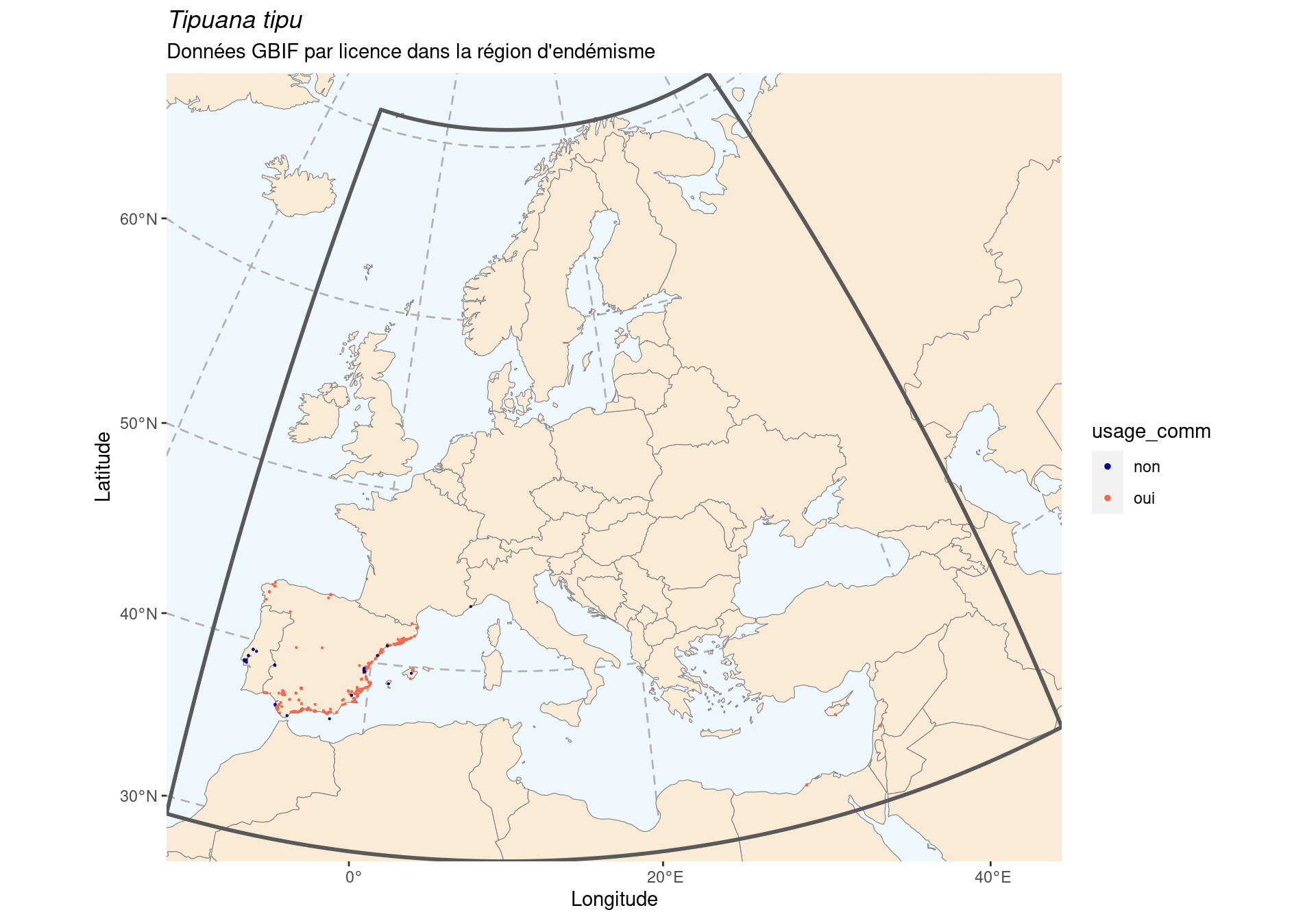 Occurrence de Tipuana tipu dans la région d'endémisme, selon la licence : CC BY-NC en bleu ; CC0 et CC BY en orange.