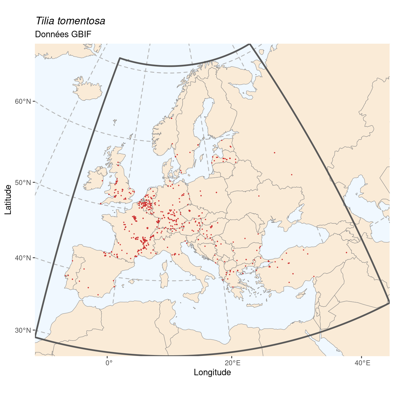 Occurrence de Tilia tomentosa dans la région d'endémisme.