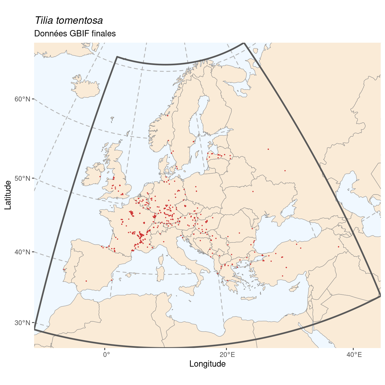 Occurrence de Tilia tomentosa dans la région d'endémisme après sous-échantillonnage éventuel.