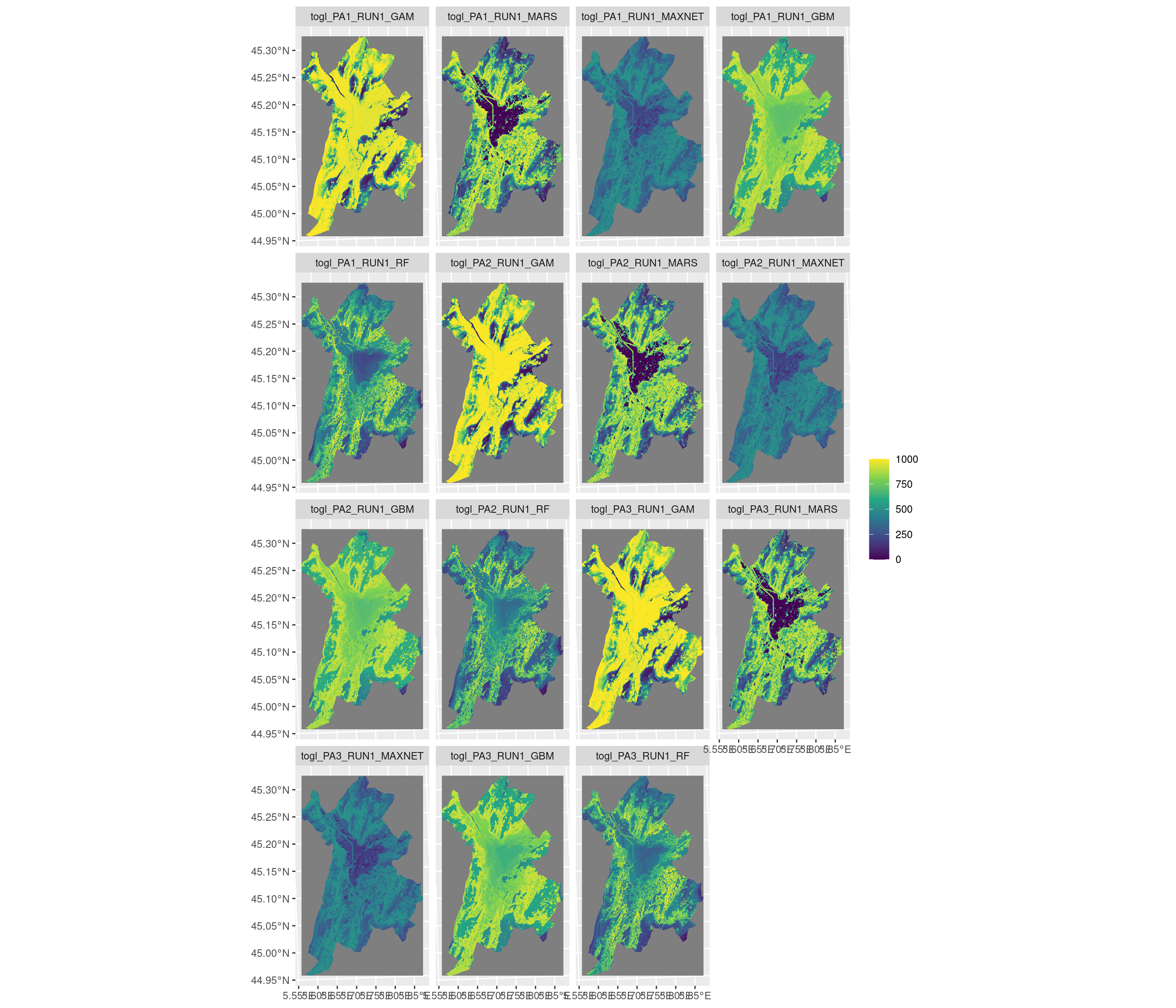 Projection de la distribution potentielle contemporaine sur la métropole de Grenoble, selon les 6 algorithmes et les 3 runs.