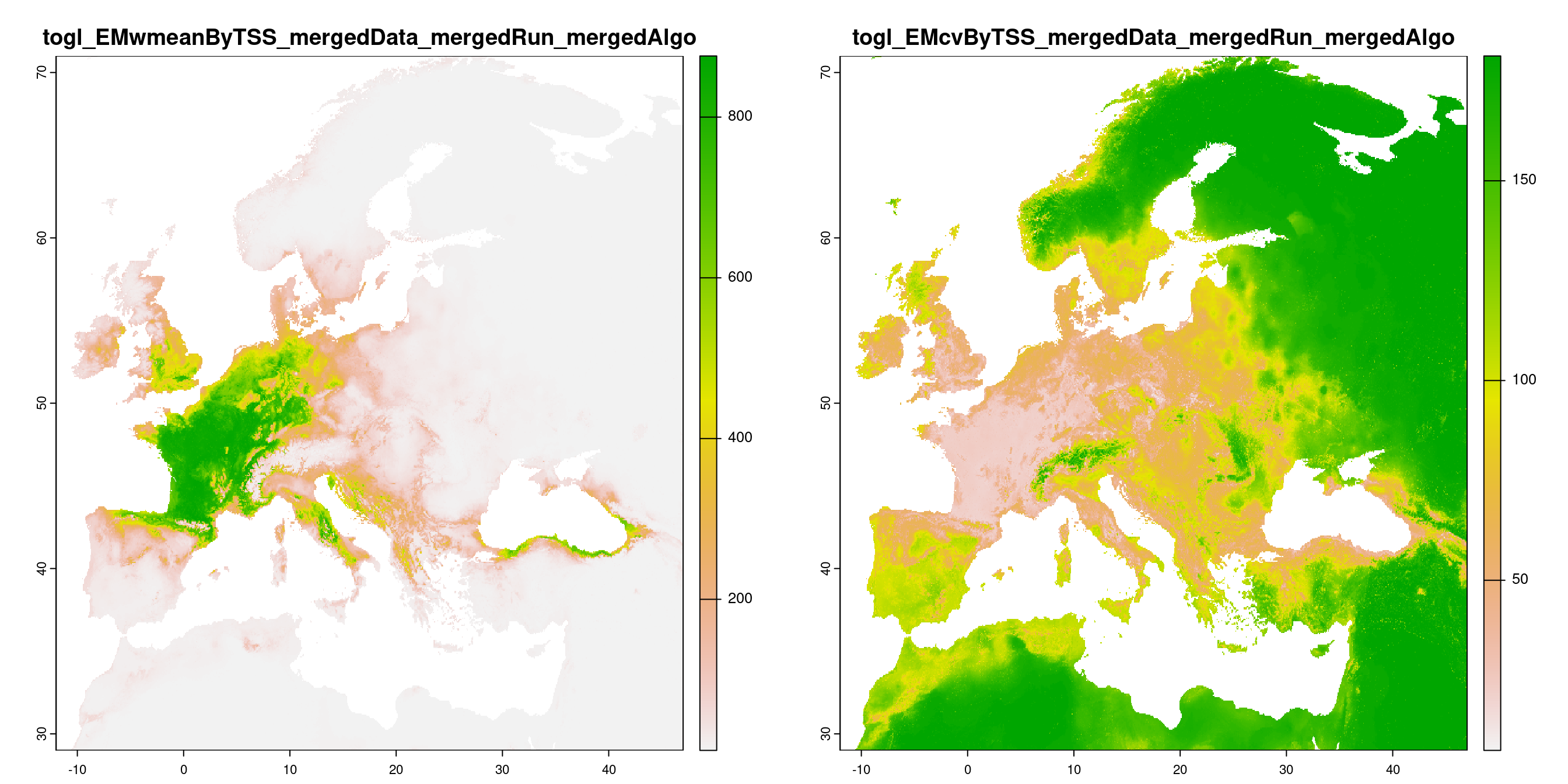 A) Projection de la distribution potentielle contemporaine (modèle d'ensemble) ; B) Incertitude associée à la projection.