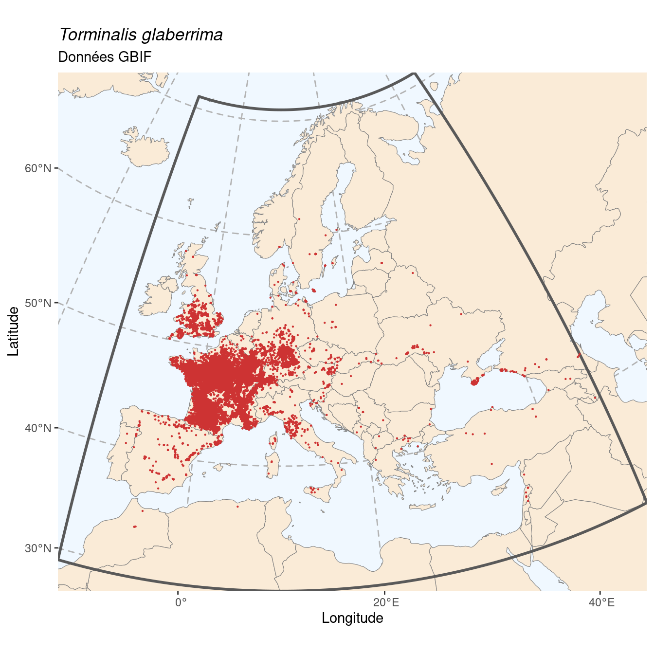 Occurrence de Torminalis glaberrima dans la région d'endémisme.