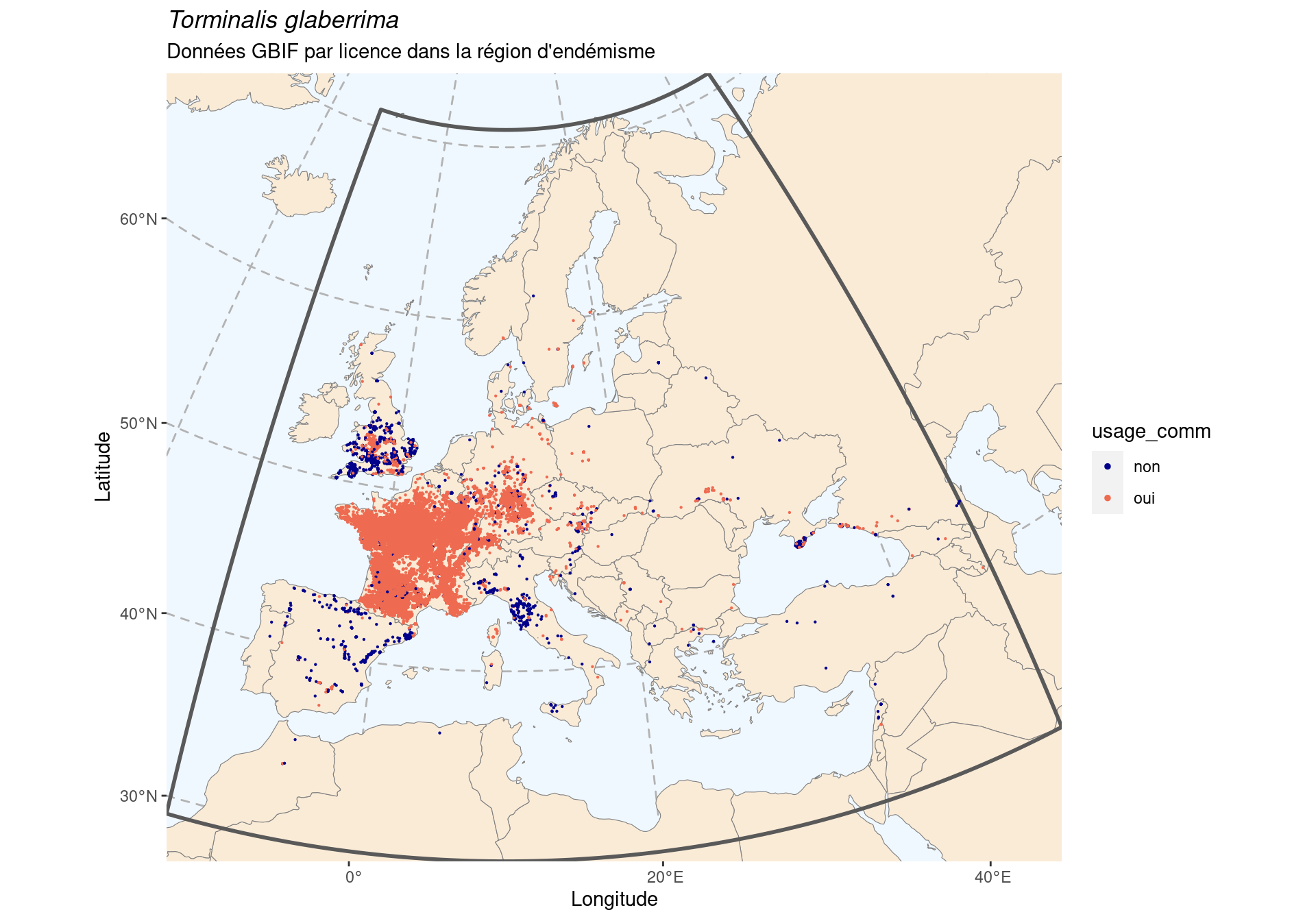 Occurrence de Torminalis glaberrima dans la région d'endémisme, selon la licence : CC BY-NC en bleu ; CC0 et CC BY en orange.