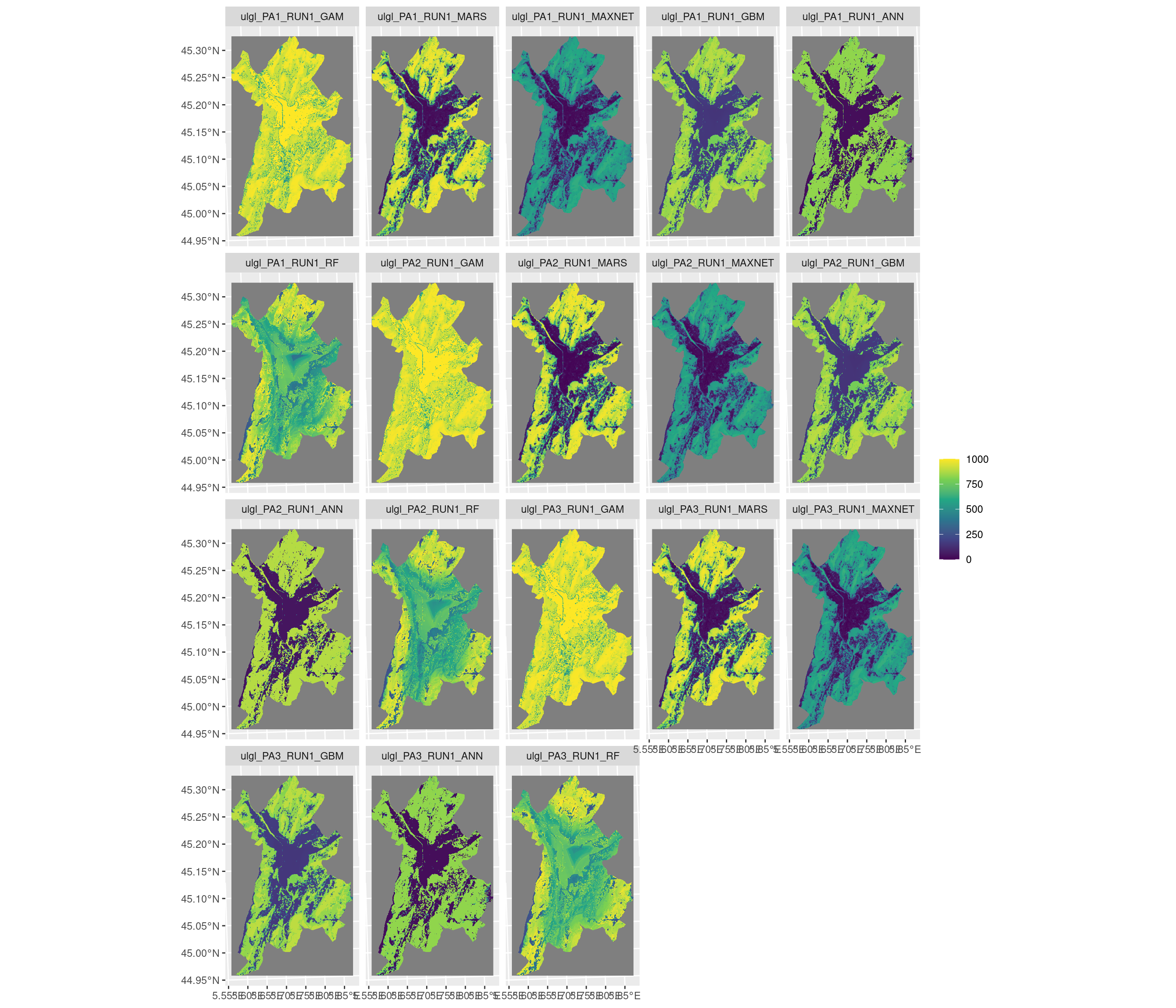 Projection de la distribution potentielle contemporaine sur la métropole de Grenoble, selon les 6 algorithmes et les 3 runs.