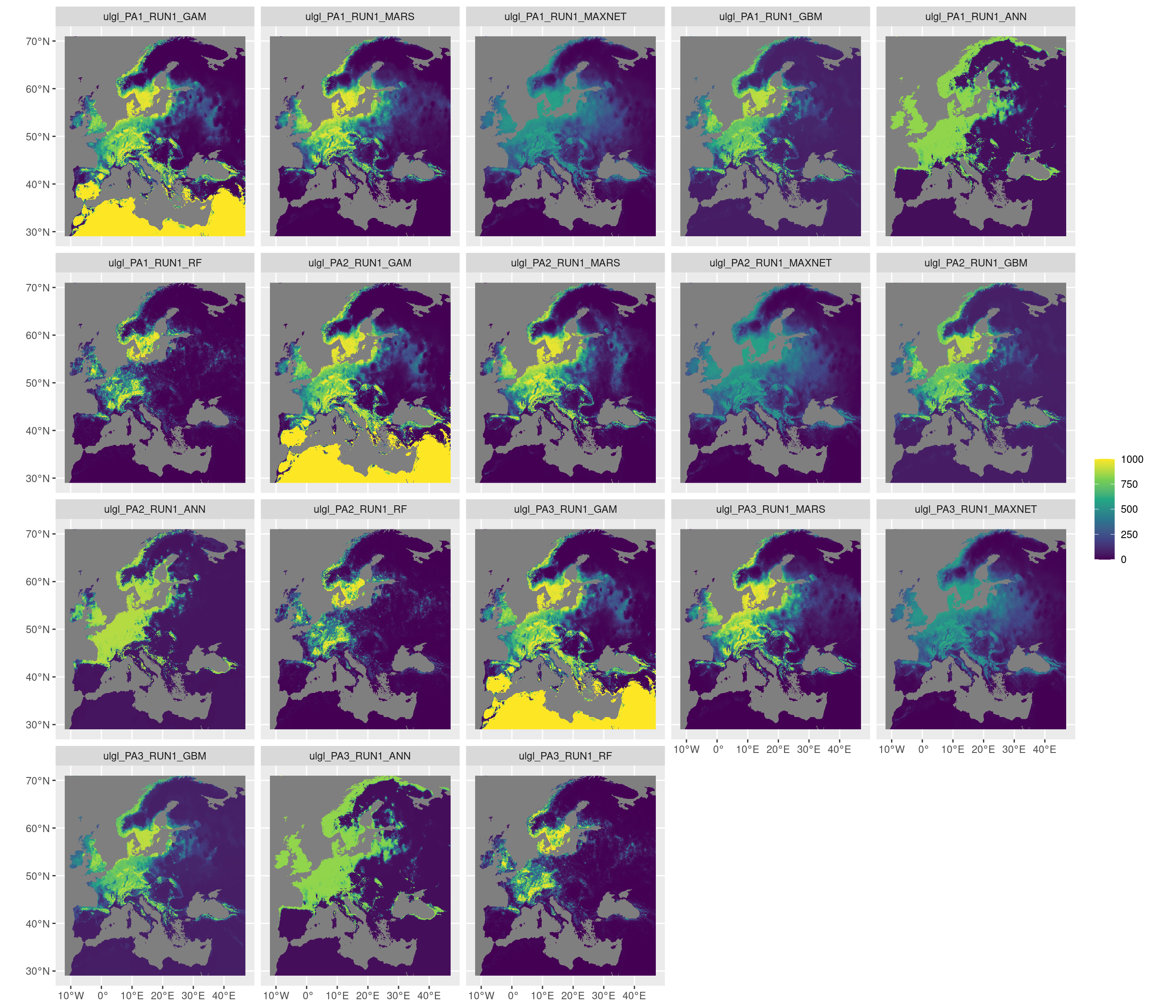 Projection de la distribution potentielle contemporaine sur l'Europe, selon les 6 algorithmes et les 3 runs.