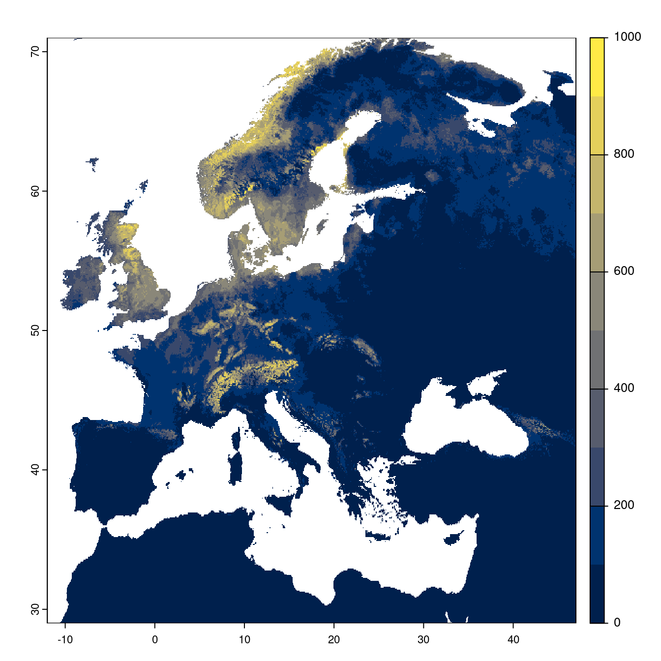 Projection des distributions potentielles futures jusqu'à l'horizon 2100 sous le scénario SSP2-4.5 (modèle d'ensemble).