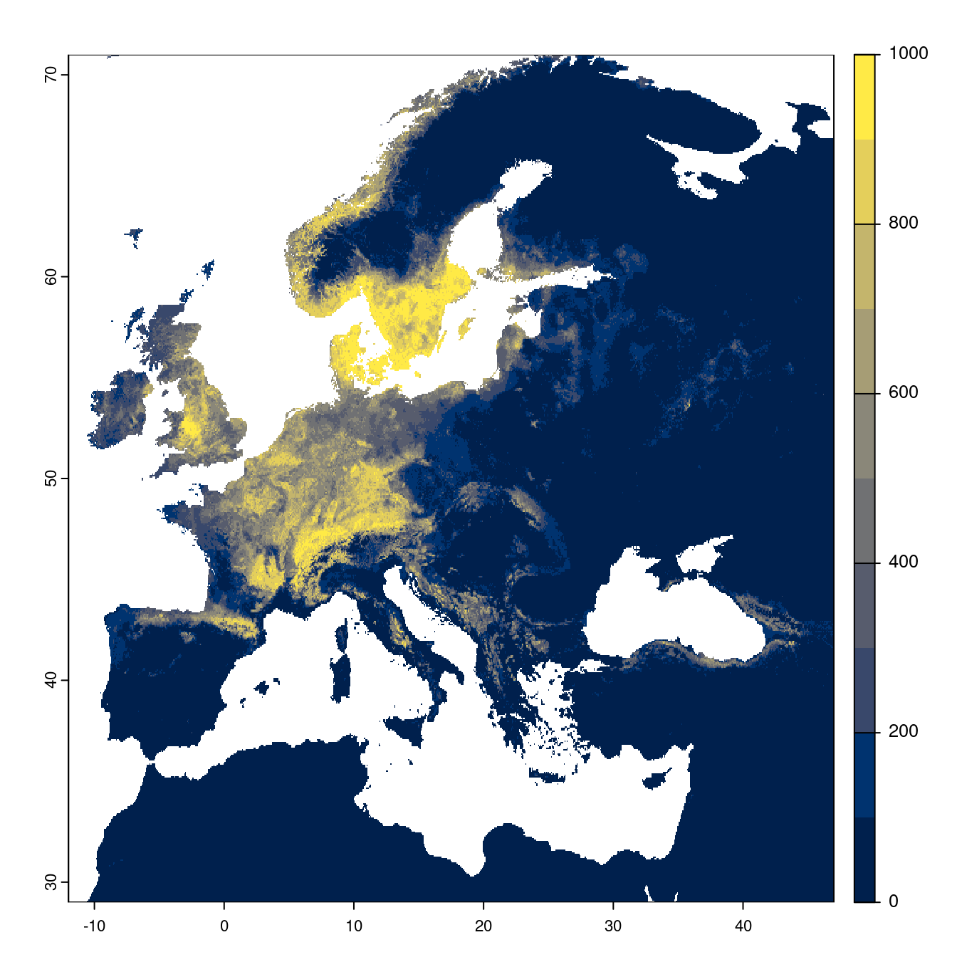 Projection des distributions potentielles futures jusqu'à l'horizon 2100 sous le scénario SSP3-7.0 (modèle d'ensemble).