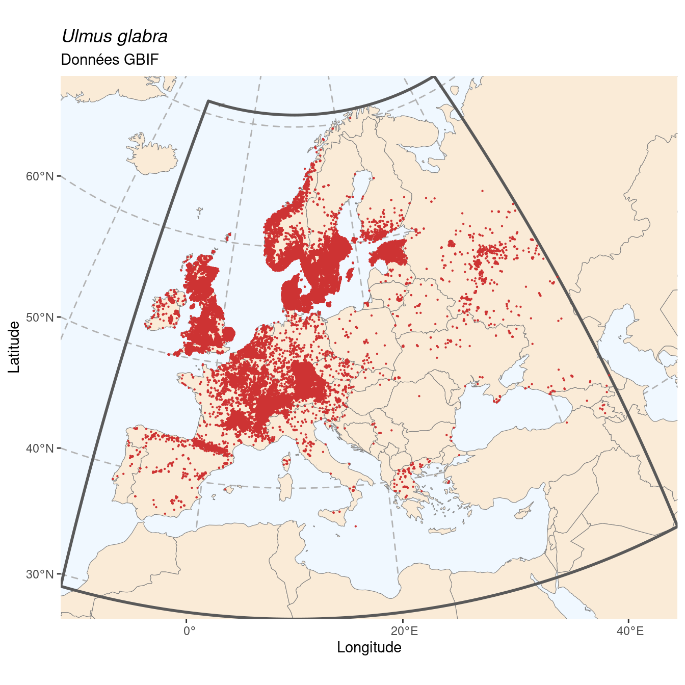 Occurrence de Ulmus glabra dans la région d'endémisme.