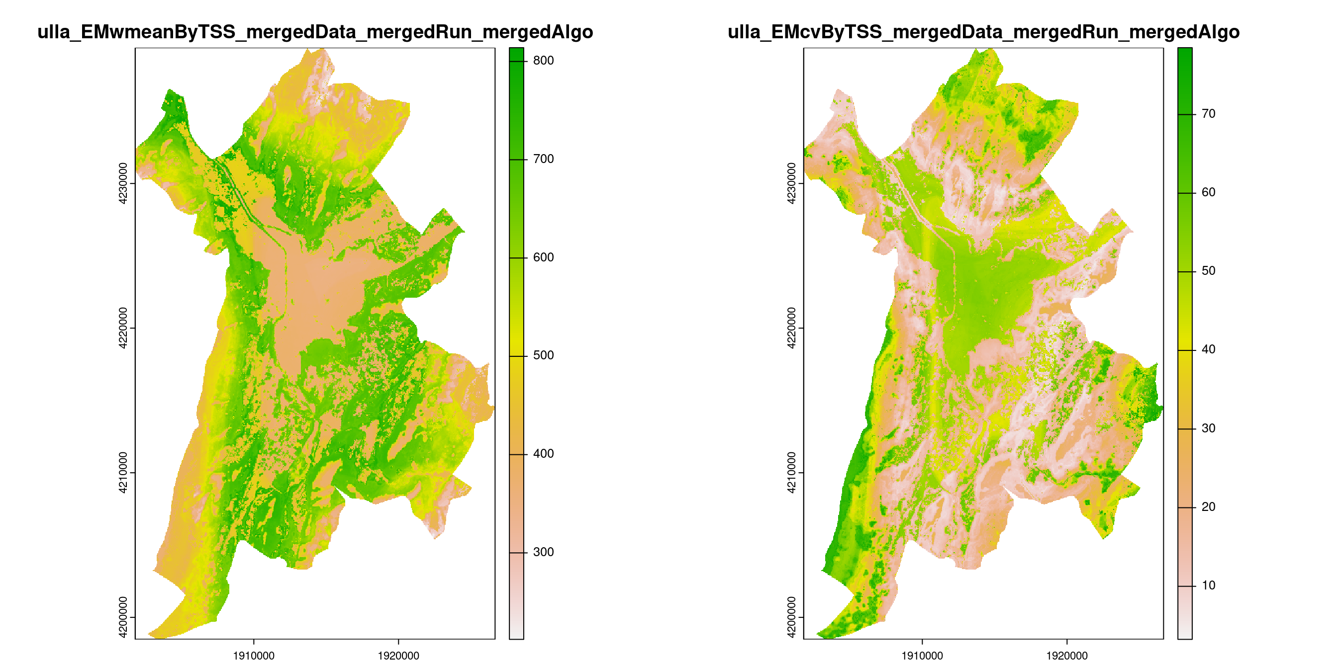 A) Projection de la distribution potentielle contemporaine (modèle d'ensemble) sur la métropole de Grenoble ; B) Incertitude associée à la projection.