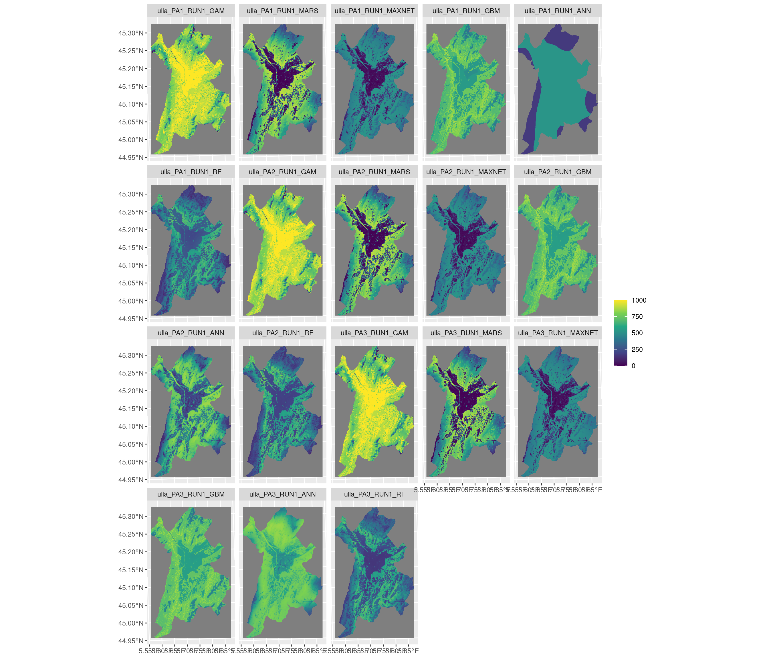 Projection de la distribution potentielle contemporaine sur la métropole de Grenoble, selon les 6 algorithmes et les 3 runs.