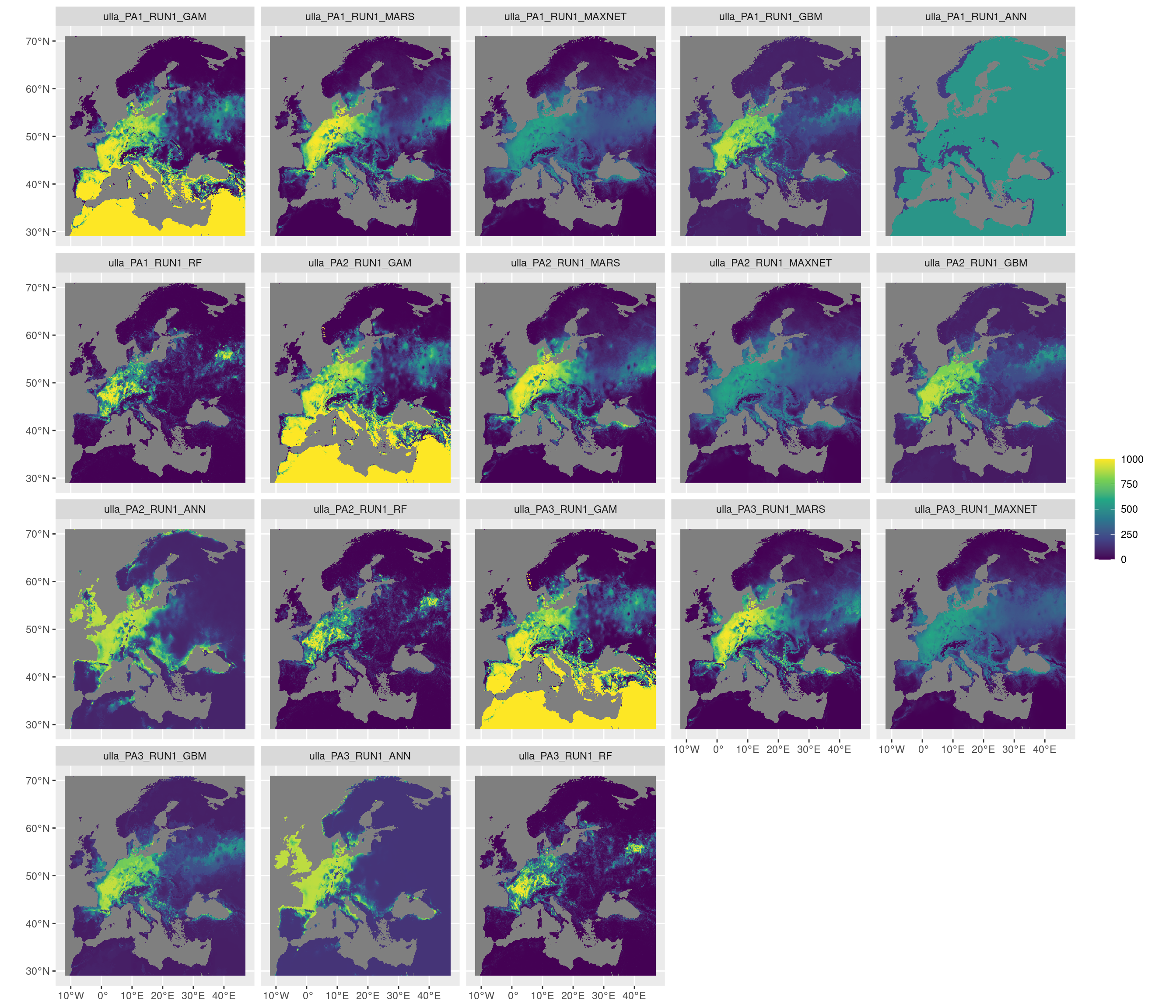 Projection de la distribution potentielle contemporaine sur l'Europe, selon les 6 algorithmes et les 3 runs.