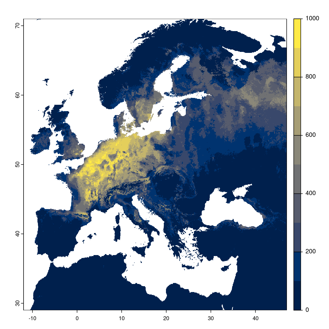 Projection des distributions potentielles futures jusqu'à l'horizon 2100 sous le scénario SSP1-2.6 (modèle d'ensemble).