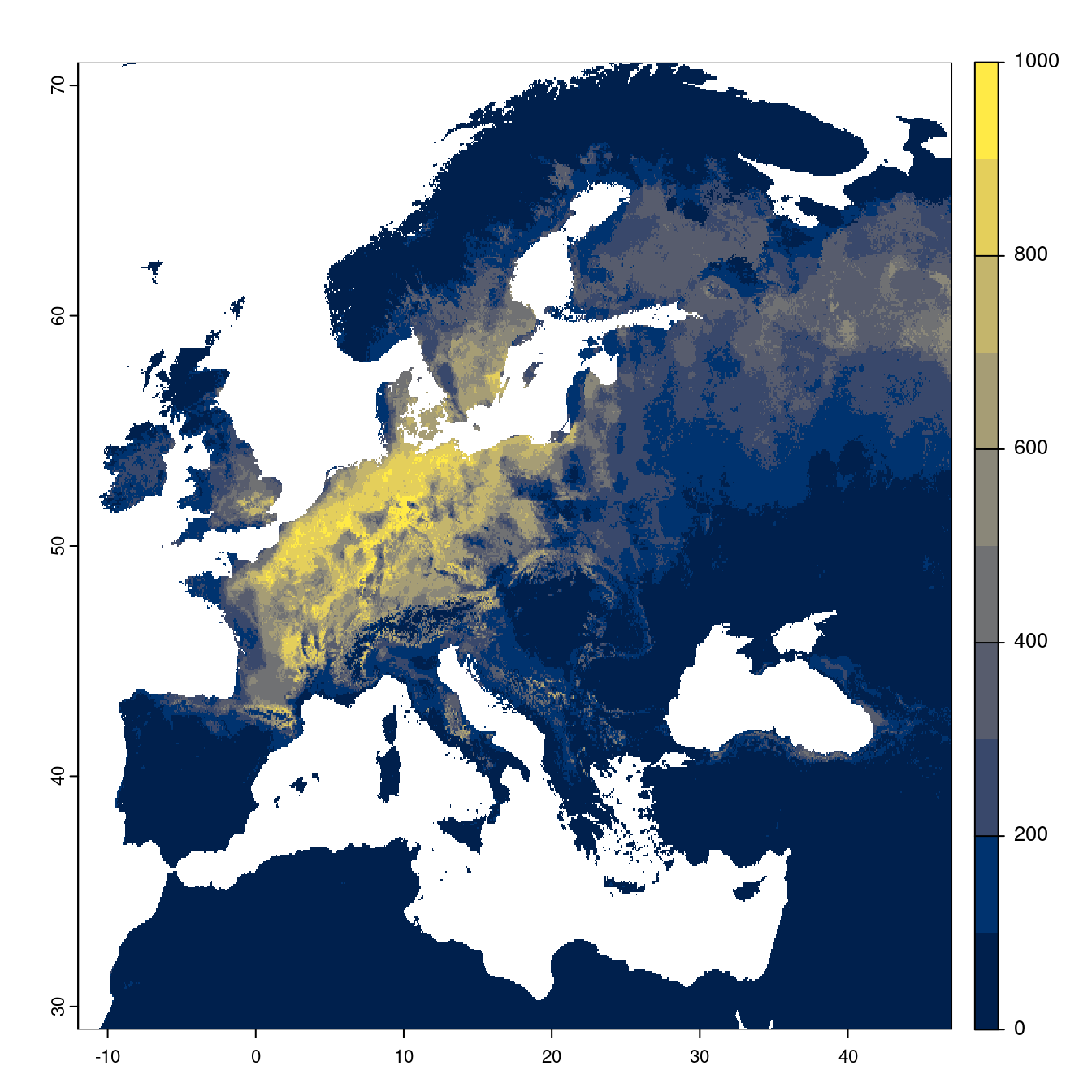 Projection des distributions potentielles futures jusqu'à l'horizon 2100 sous le scénario SSP2-4.5 (modèle d'ensemble).