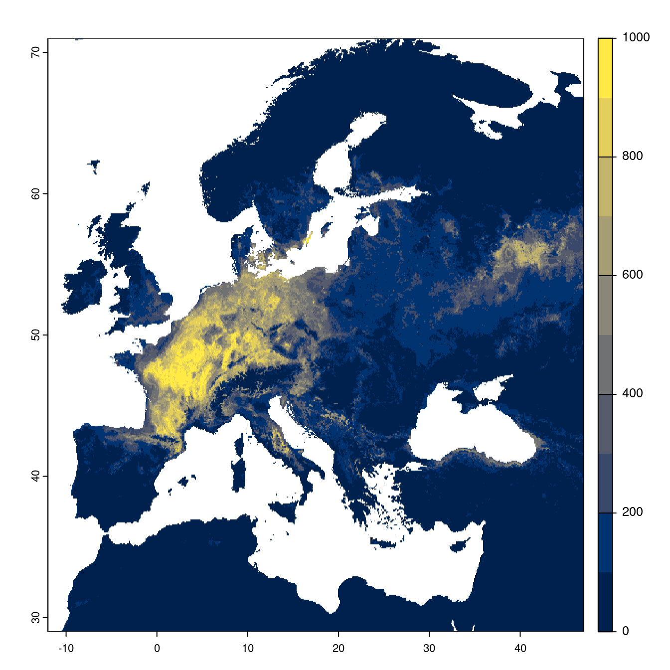 Projection des distributions potentielles futures jusqu'à l'horizon 2100 sous le scénario SSP3-7.0 (modèle d'ensemble).