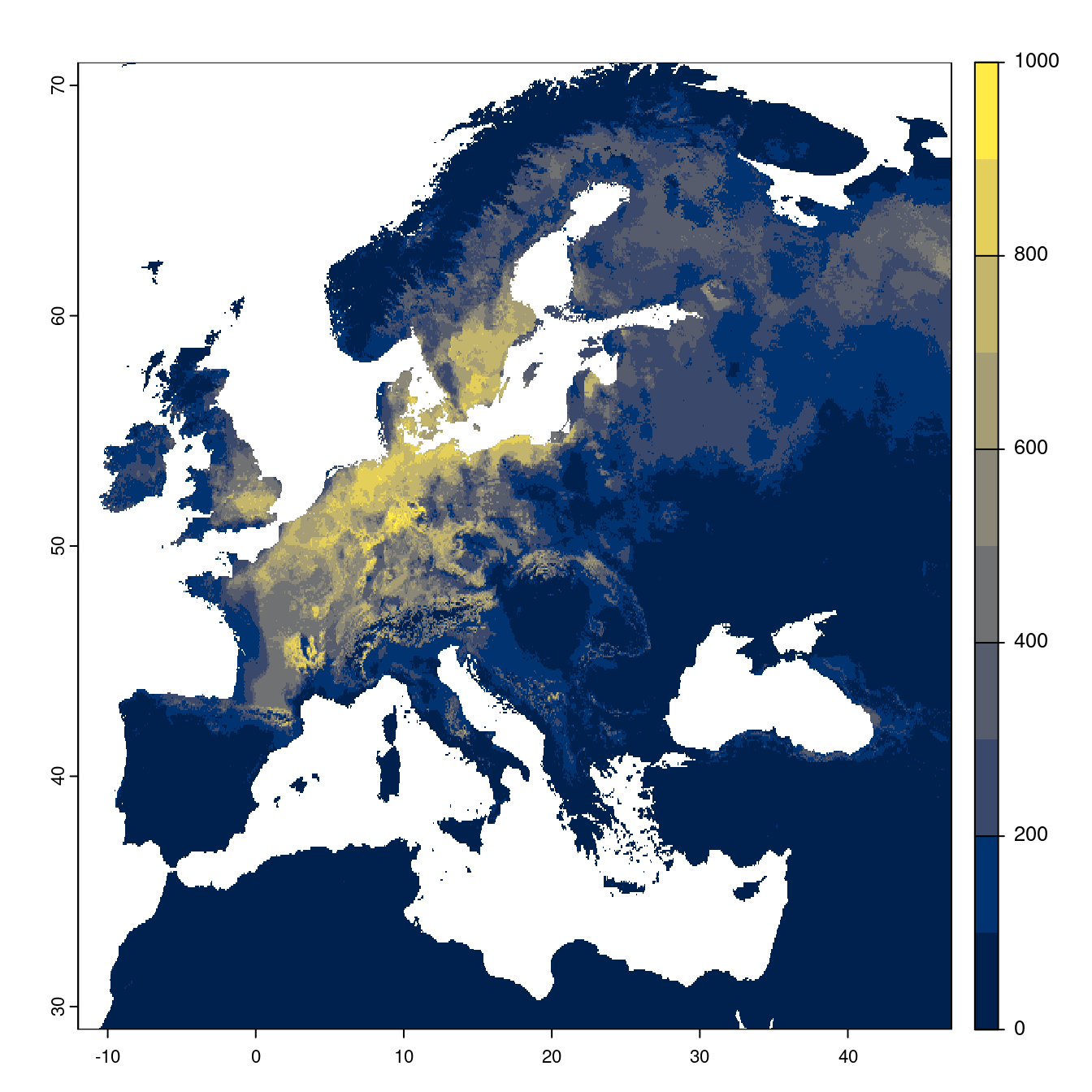 Projection des distributions potentielles futures jusqu'à l'horizon 2100 sous le scénario SSP3-7.0 (modèle d'ensemble).