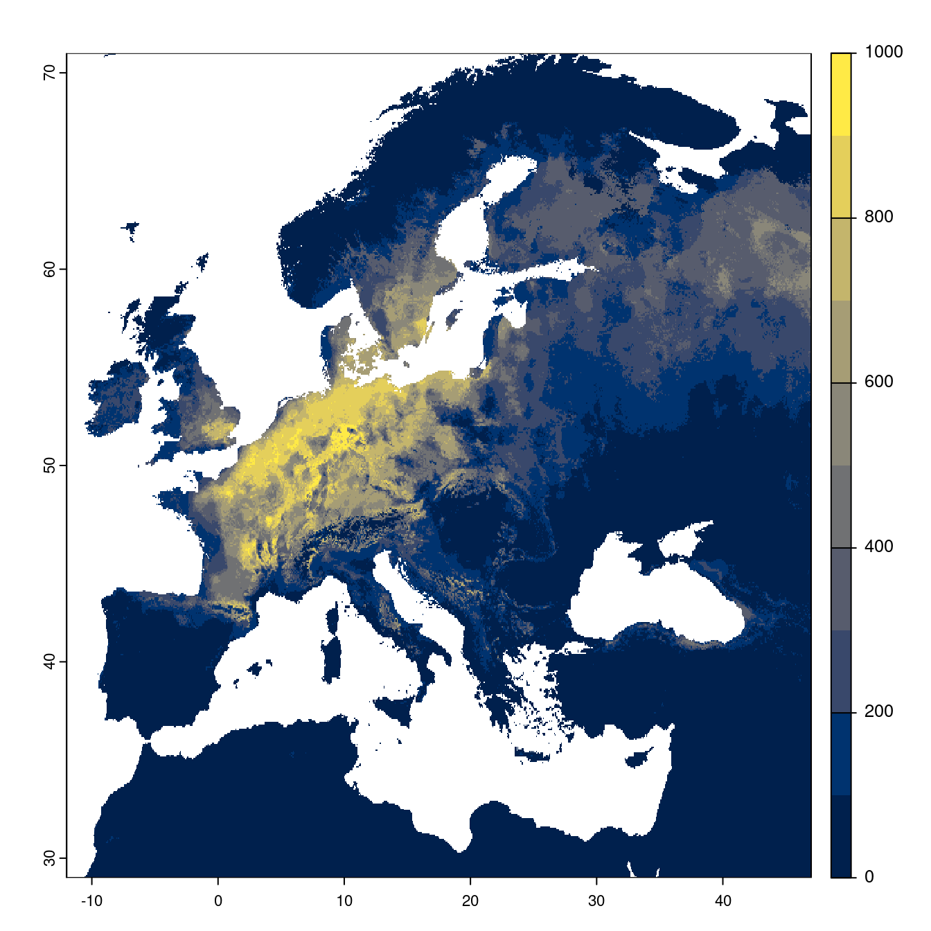Projection des distributions potentielles futures jusqu'à l'horizon 2100 sous le scénario SSP5-8.5 (modèle d'ensemble).