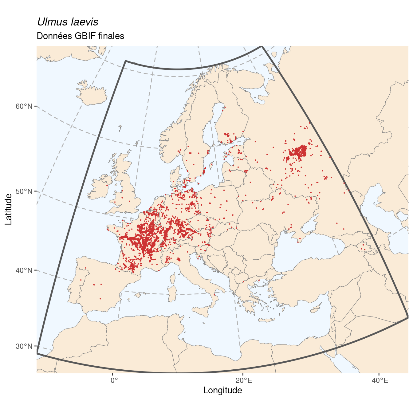 Occurrence de Ulmus laevis dans la région d'endémisme après sous-échantillonnage éventuel.