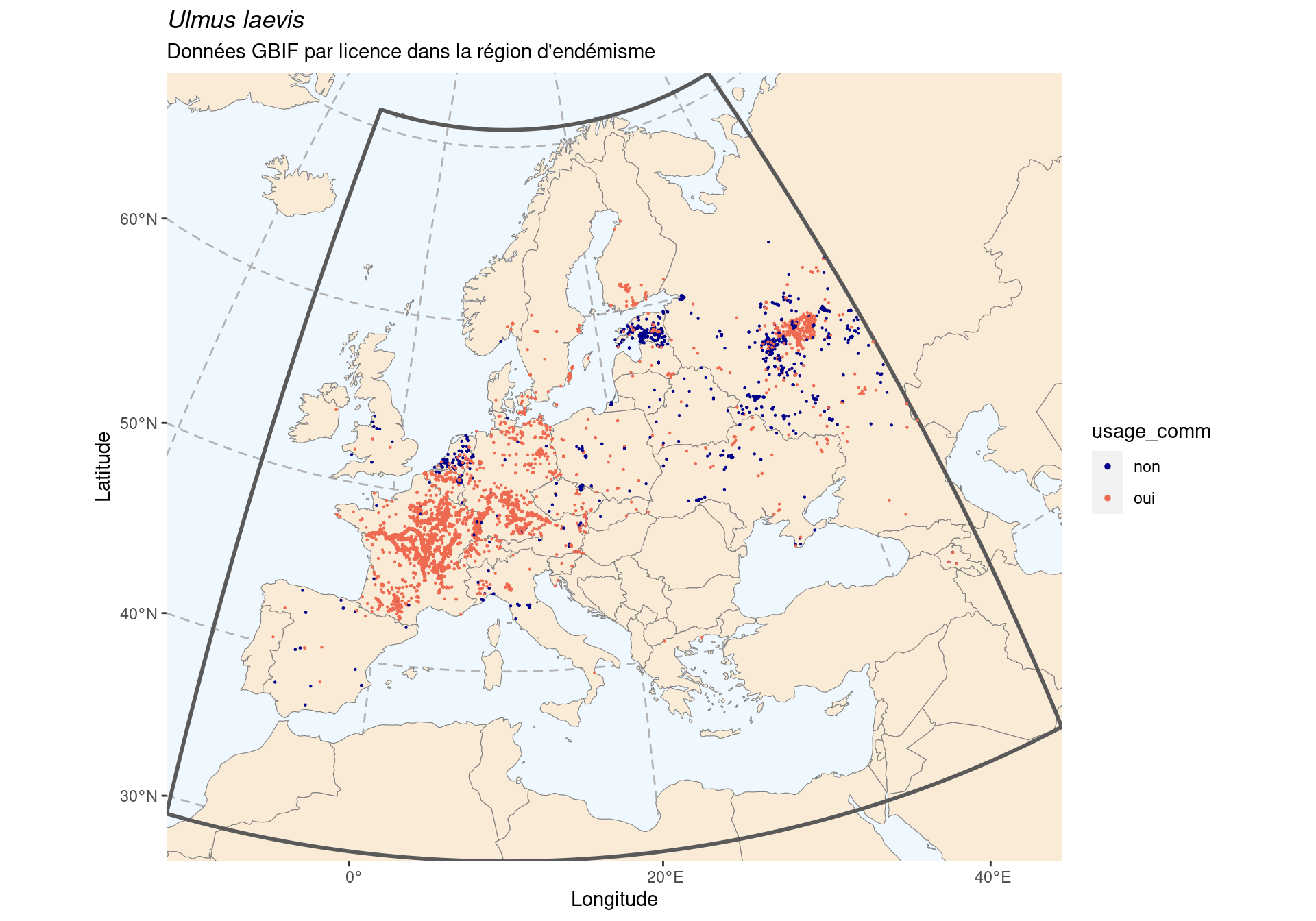 Occurrence de Ulmus laevis dans la région d'endémisme, selon la licence : CC BY-NC en bleu ; CC0 et CC BY en orange.