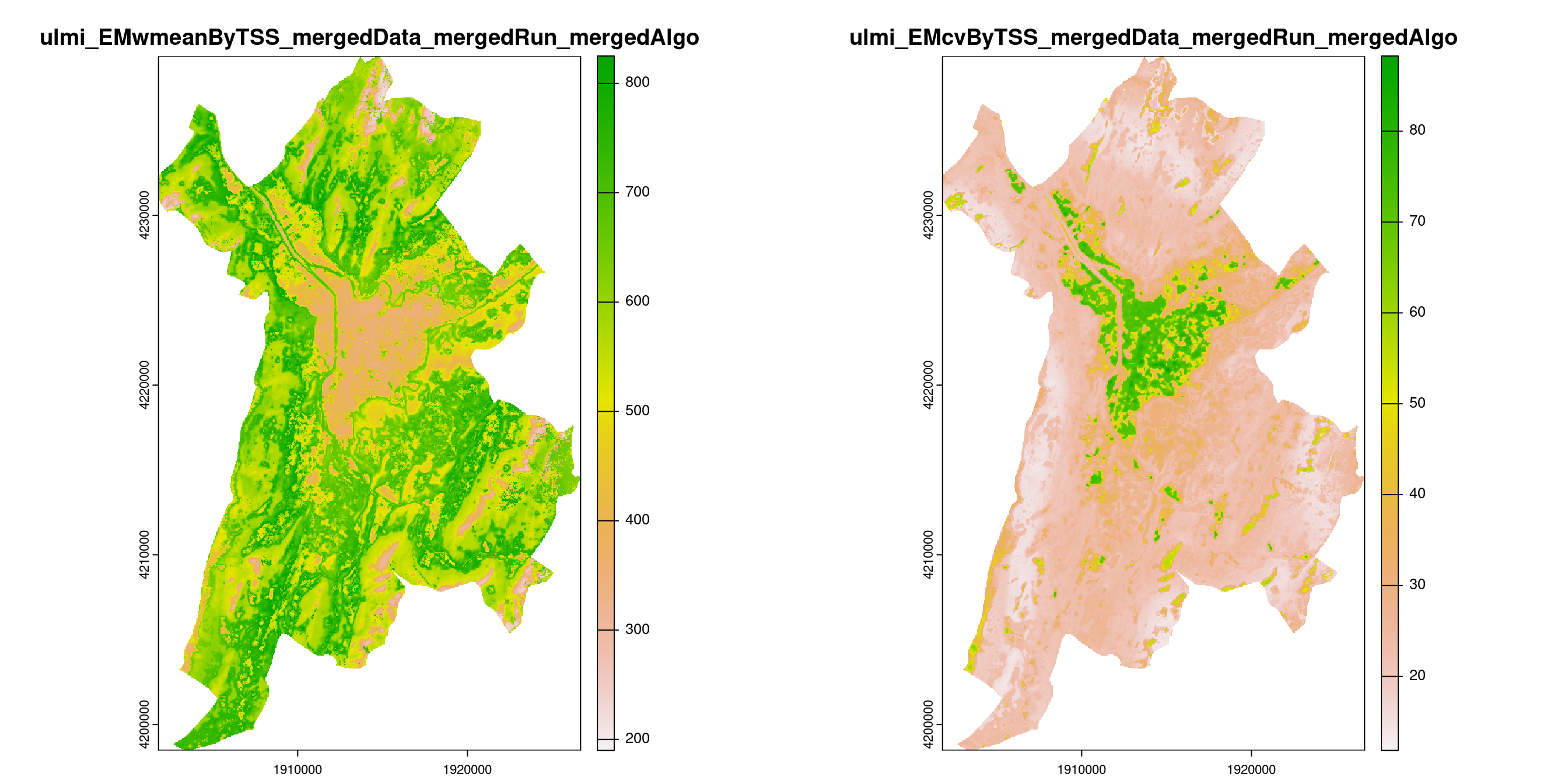 A) Projection de la distribution potentielle contemporaine (modèle d'ensemble) sur la métropole de Grenoble ; B) Incertitude associée à la projection.