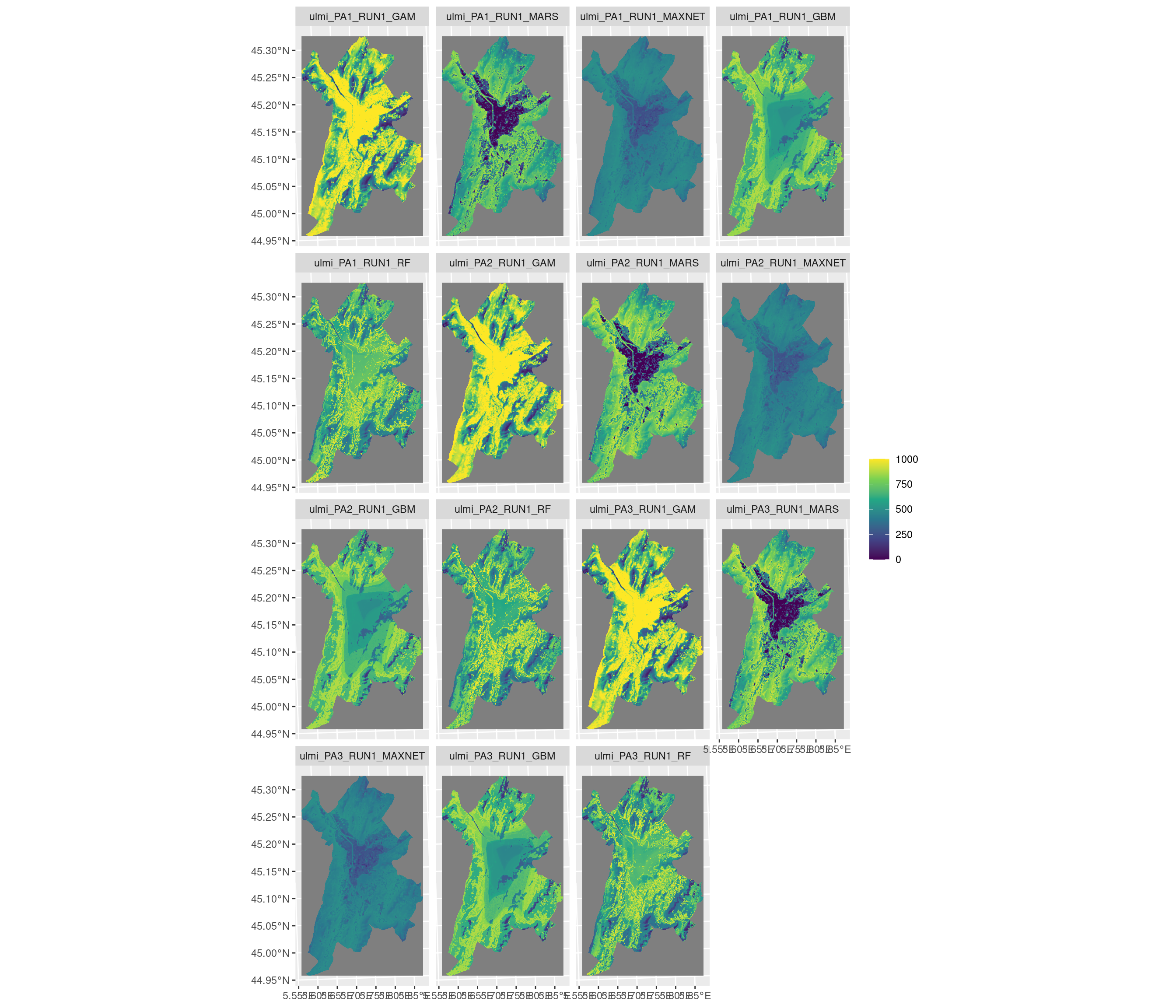 Projection de la distribution potentielle contemporaine sur la métropole de Grenoble, selon les 6 algorithmes et les 3 runs.