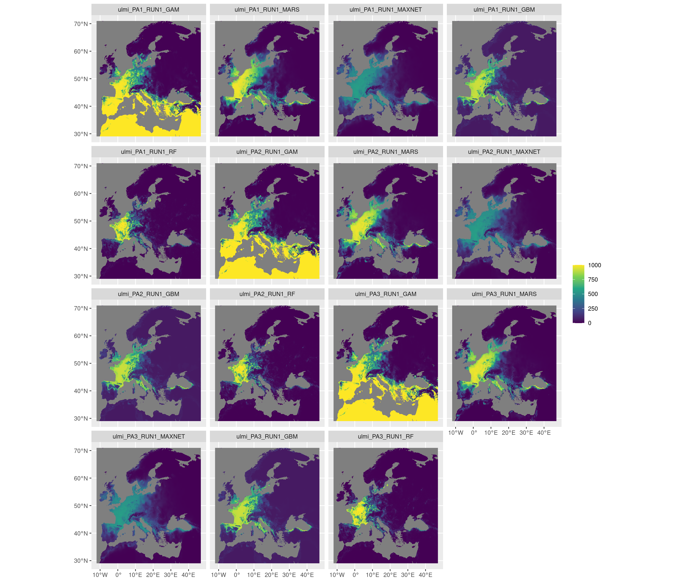 Projection de la distribution potentielle contemporaine sur l'Europe, selon les 6 algorithmes et les 3 runs.