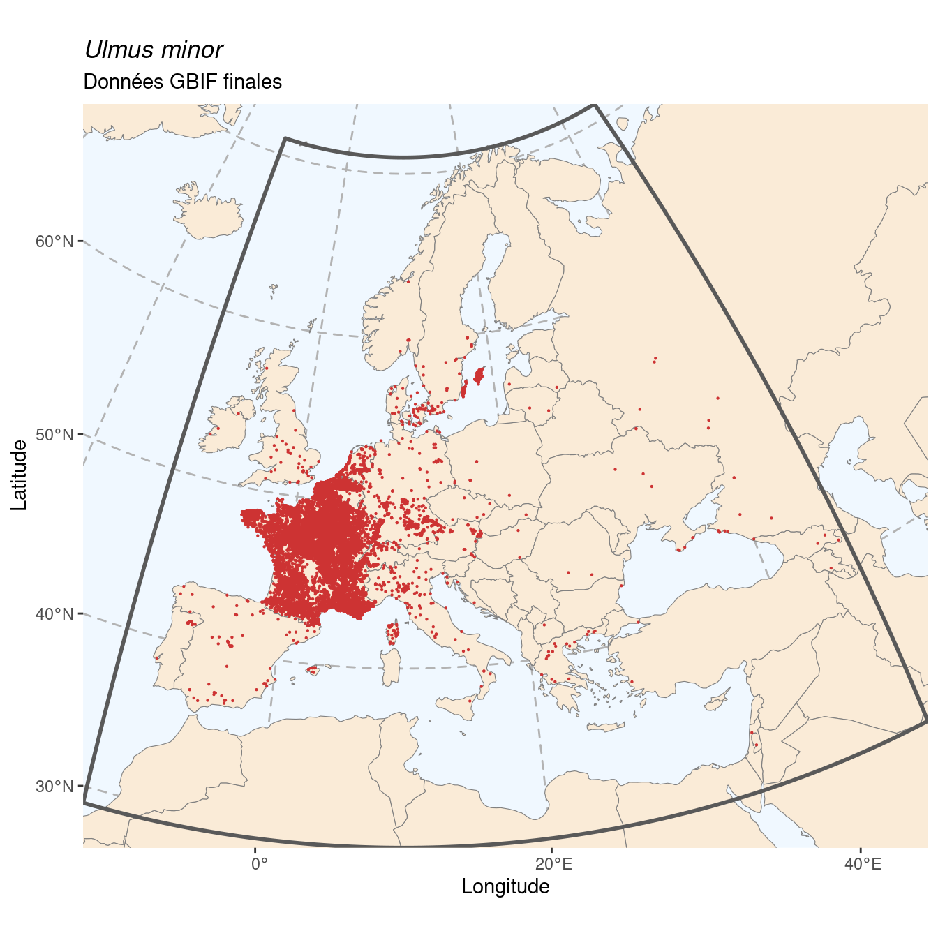 Occurrence de Ulmus minor dans la région d'endémisme après sous-échantillonnage éventuel.