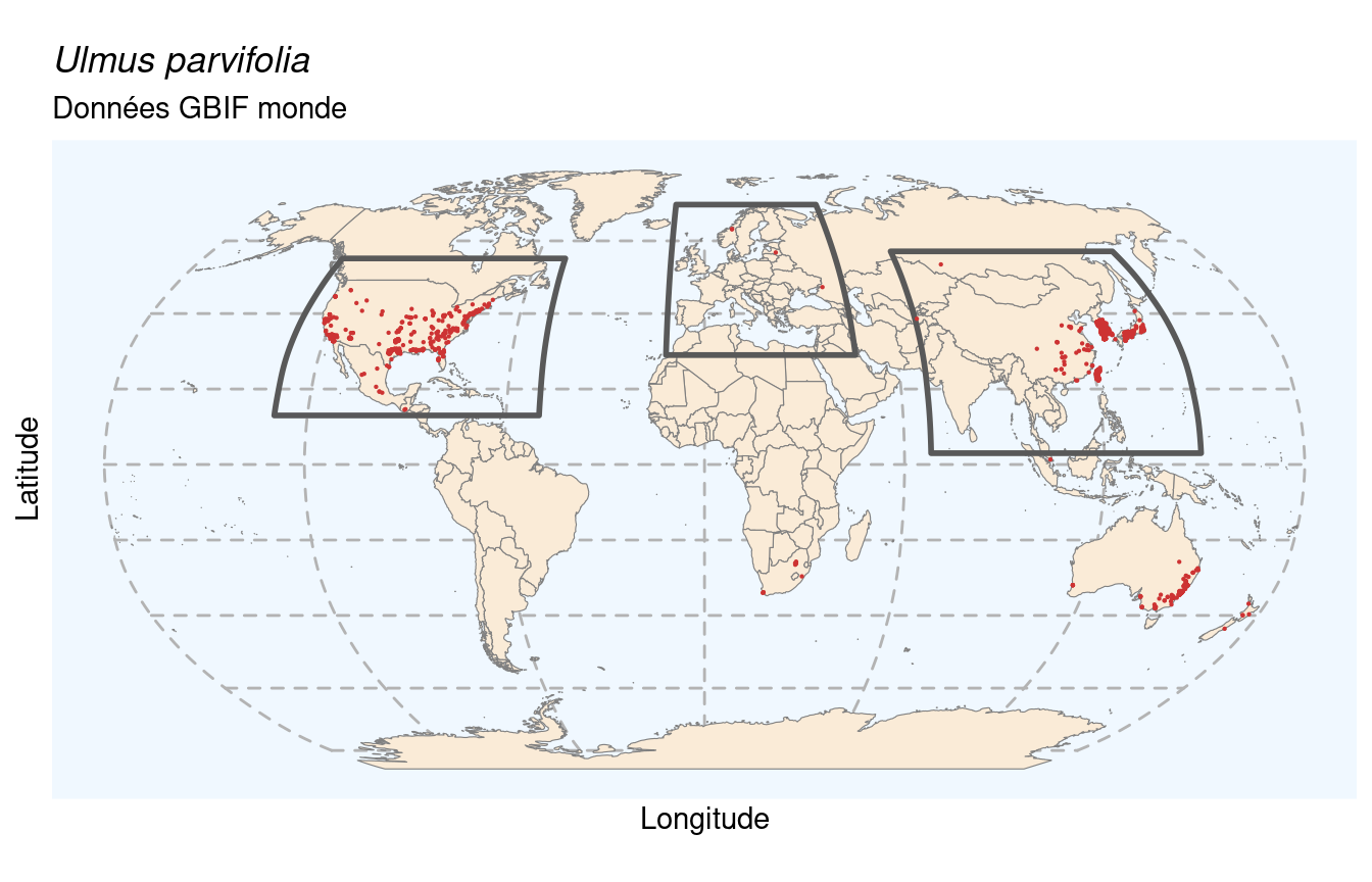 Occurrences de Ulmus parvifolia dans le monde.