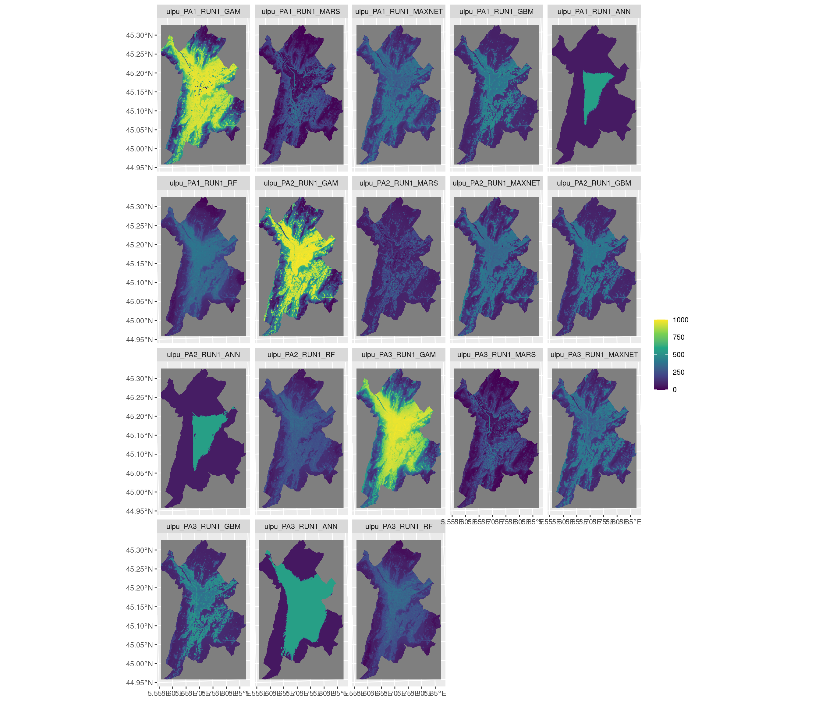 Projection de la distribution potentielle contemporaine sur la métropole de Grenoble, selon les 6 algorithmes et les 3 runs.