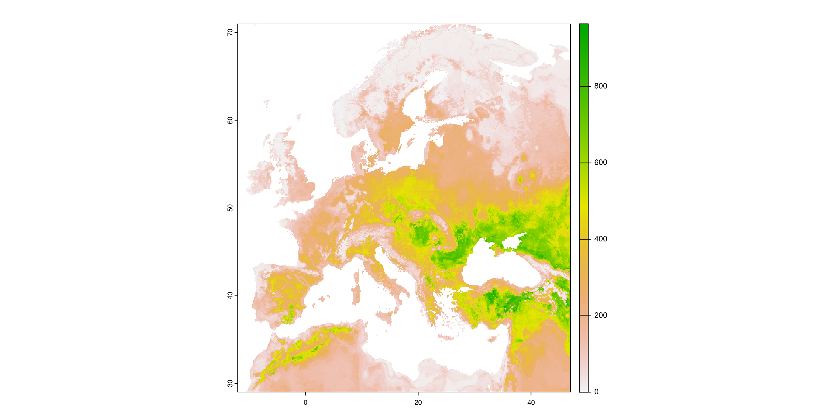 A) Projection de la distribution potentielle contemporaine (modèle d'ensemble) ; B) Incertitude associée à la projection.