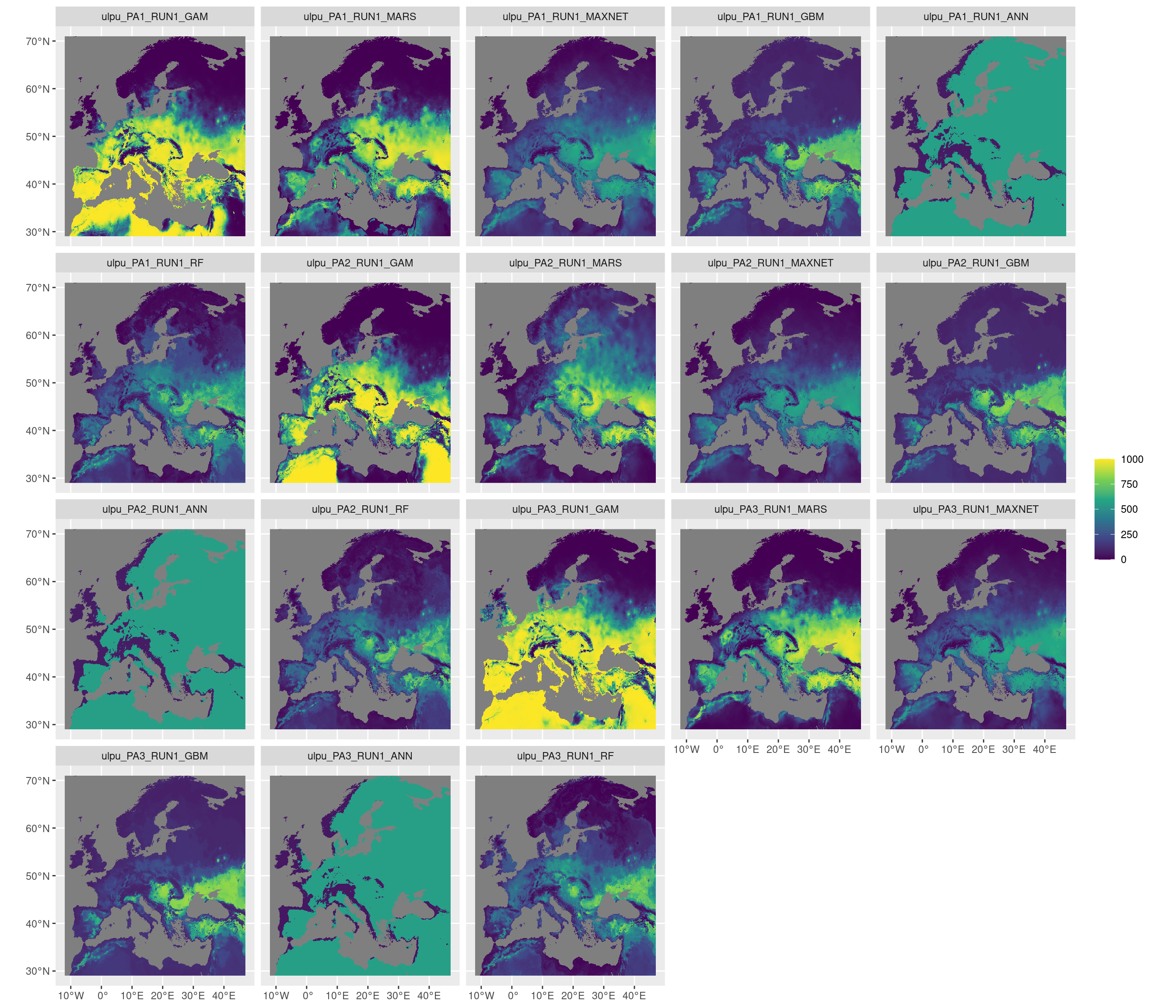 Projection de la distribution potentielle contemporaine sur l'Europe, selon les 6 algorithmes et les 3 runs.