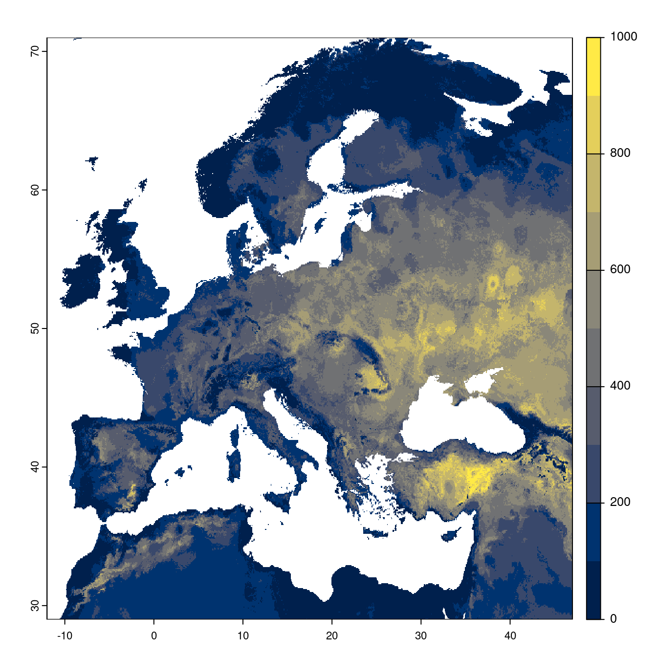 Projection des distributions potentielles futures jusqu'à l'horizon 2100 sous le scénario SSP2-4.5 (modèle d'ensemble).