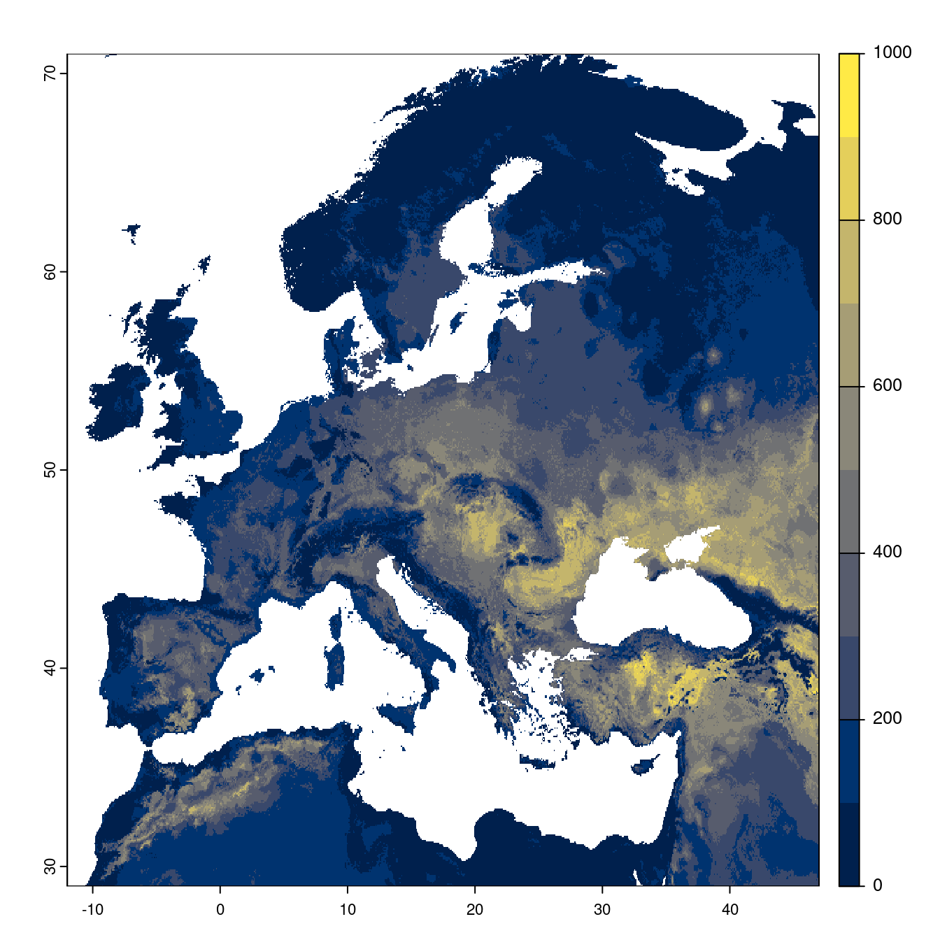 Projection des distributions potentielles futures jusqu'à l'horizon 2100 sous le scénario SSP3-7.0 (modèle d'ensemble).